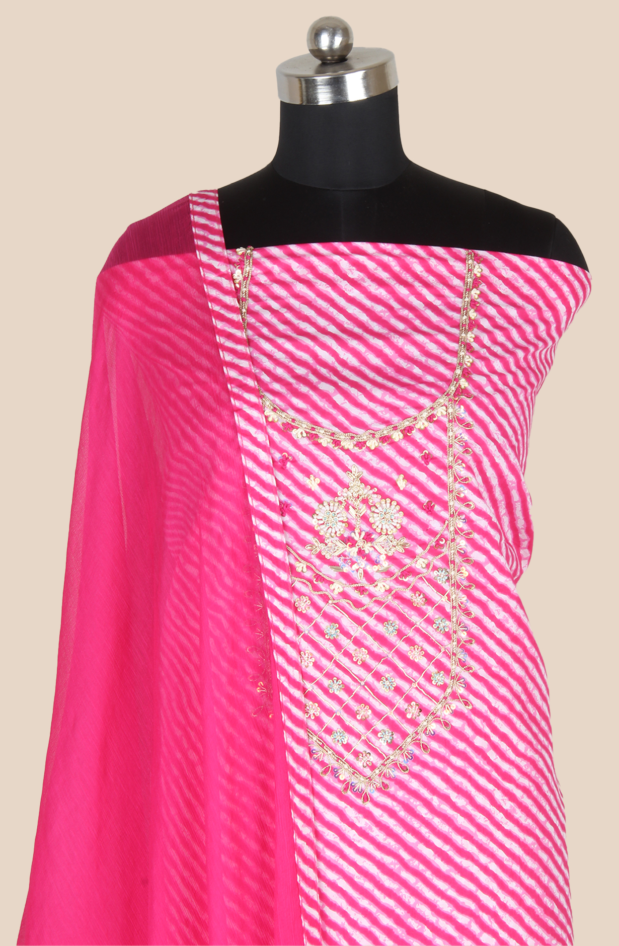 Rani Pink Cotton Unstitched Leheriya Print Suit with Chiffon Dupatta - 693-JDF2832