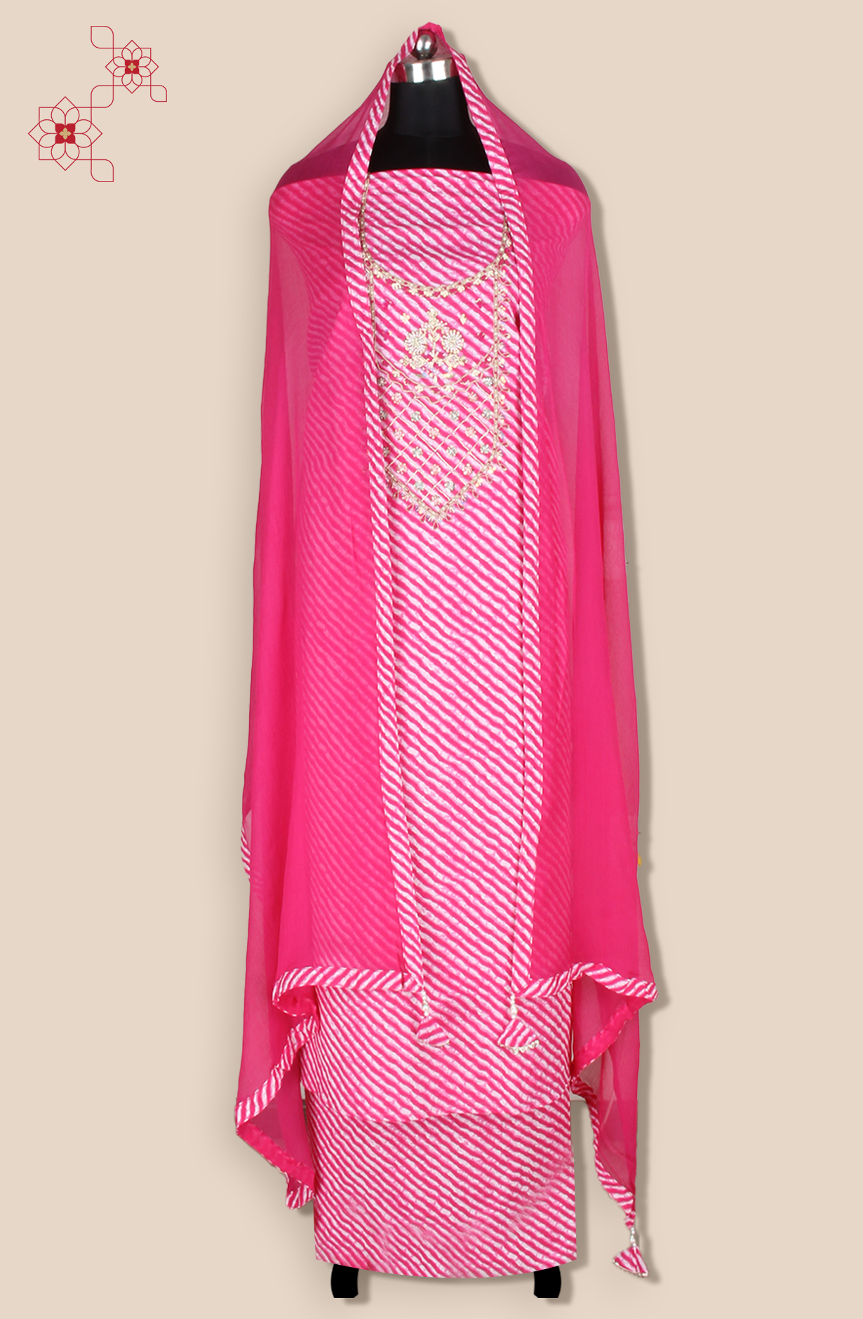Rani Pink Cotton Unstitched Leheriya Print Suit with Chiffon Dupatta - 693-JDF2832