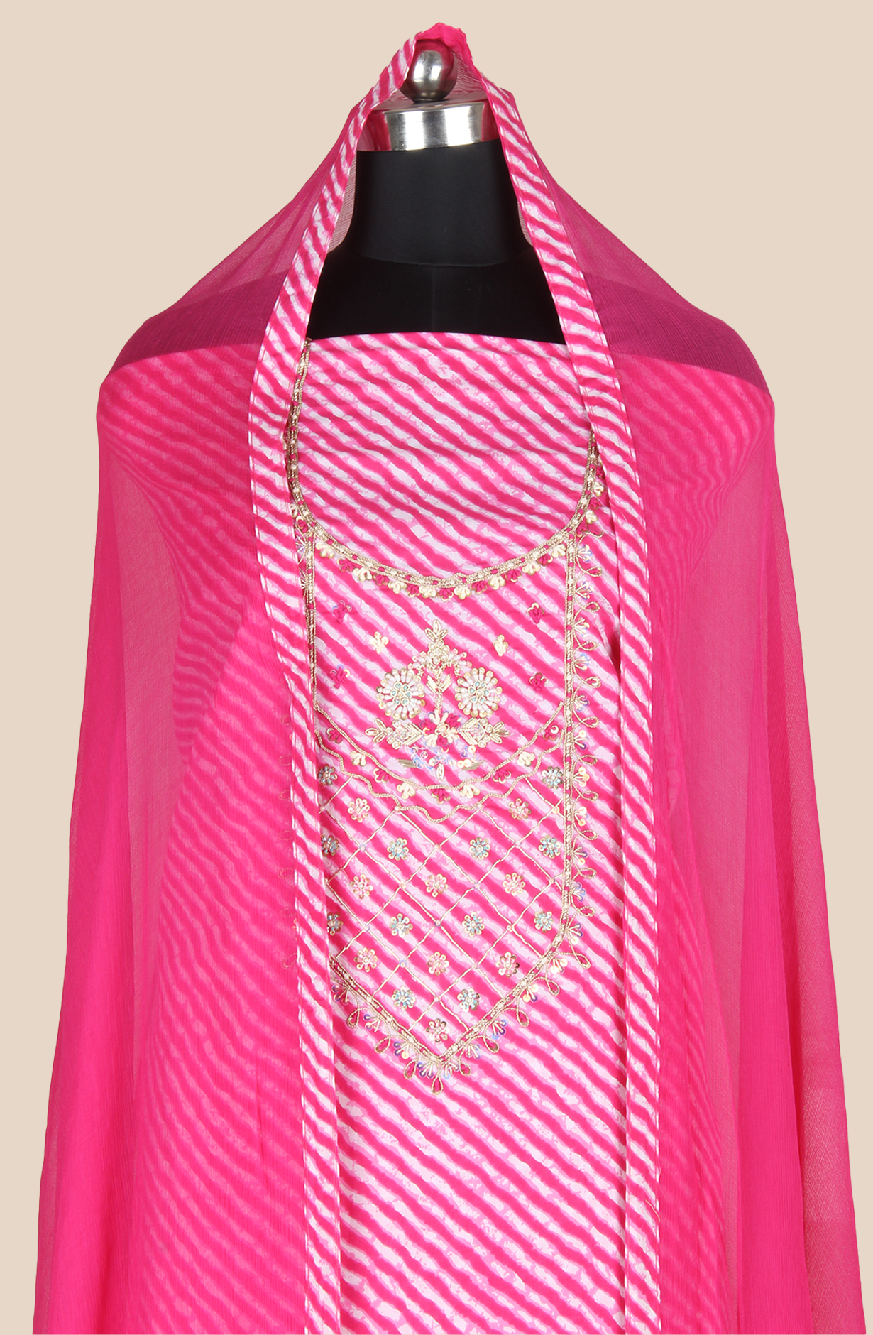 Rani Pink Cotton Unstitched Leheriya Print Suit with Chiffon Dupatta - 693-JDF2832