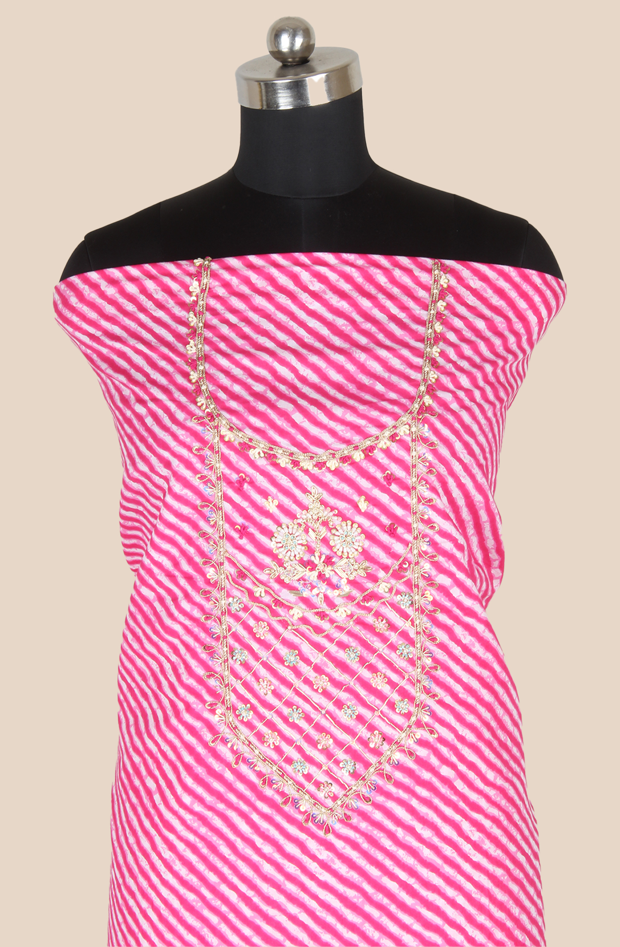 Rani Pink Cotton Unstitched Leheriya Print Suit with Chiffon Dupatta - 693-JDF2832