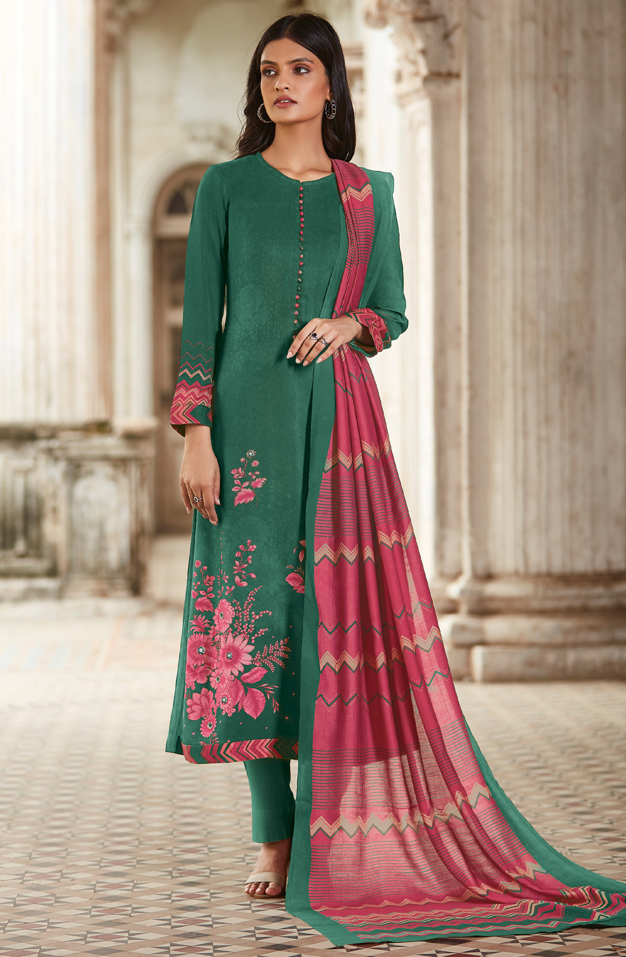 Bottle Green Cotton Digital Printed Unstitched Salwar Kameez - ARO1357