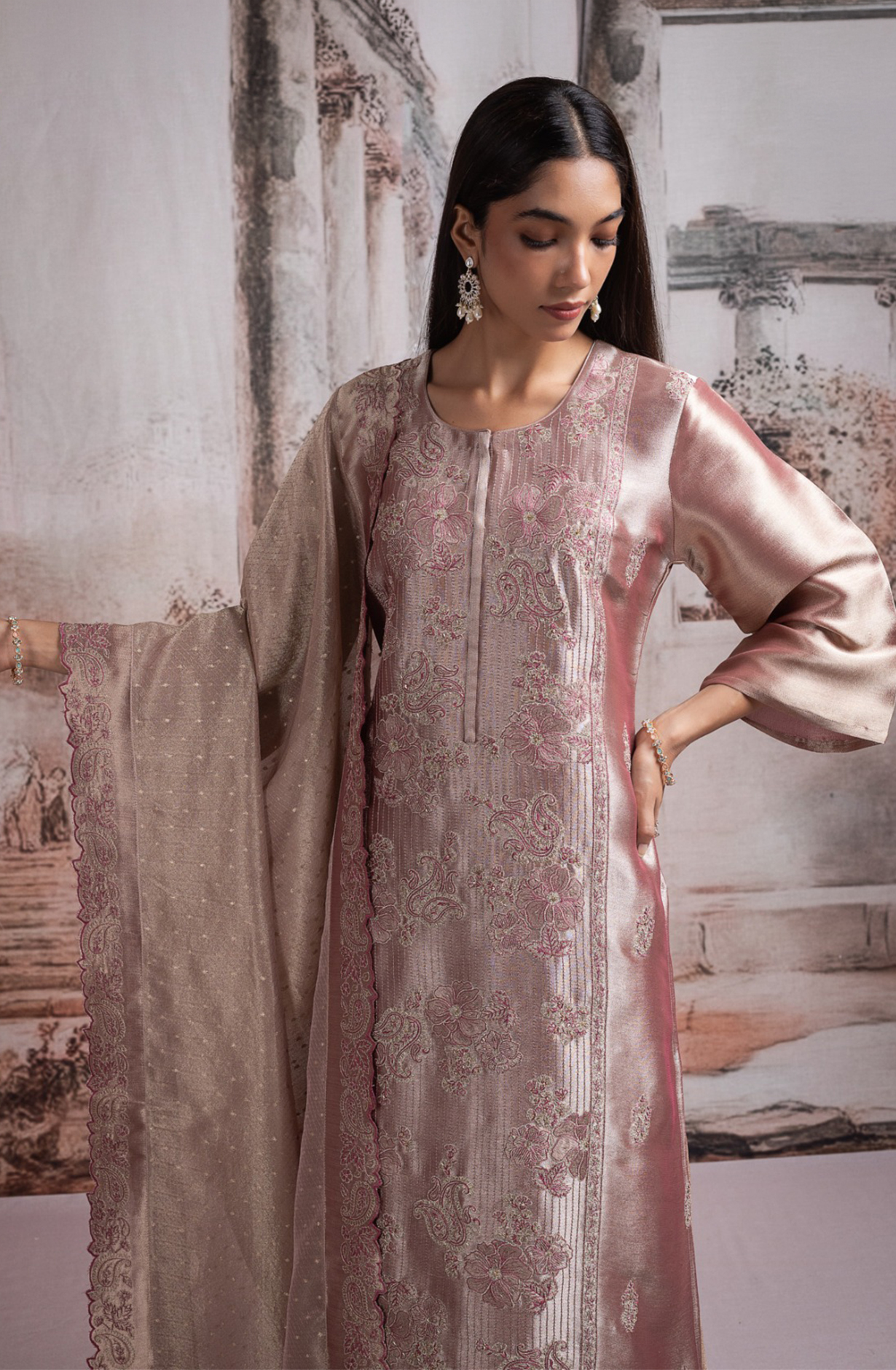 Pink Ziraf silk Unstitched Suit with Beautiful Silk Tissue Dupatta- R157-SPR2470A