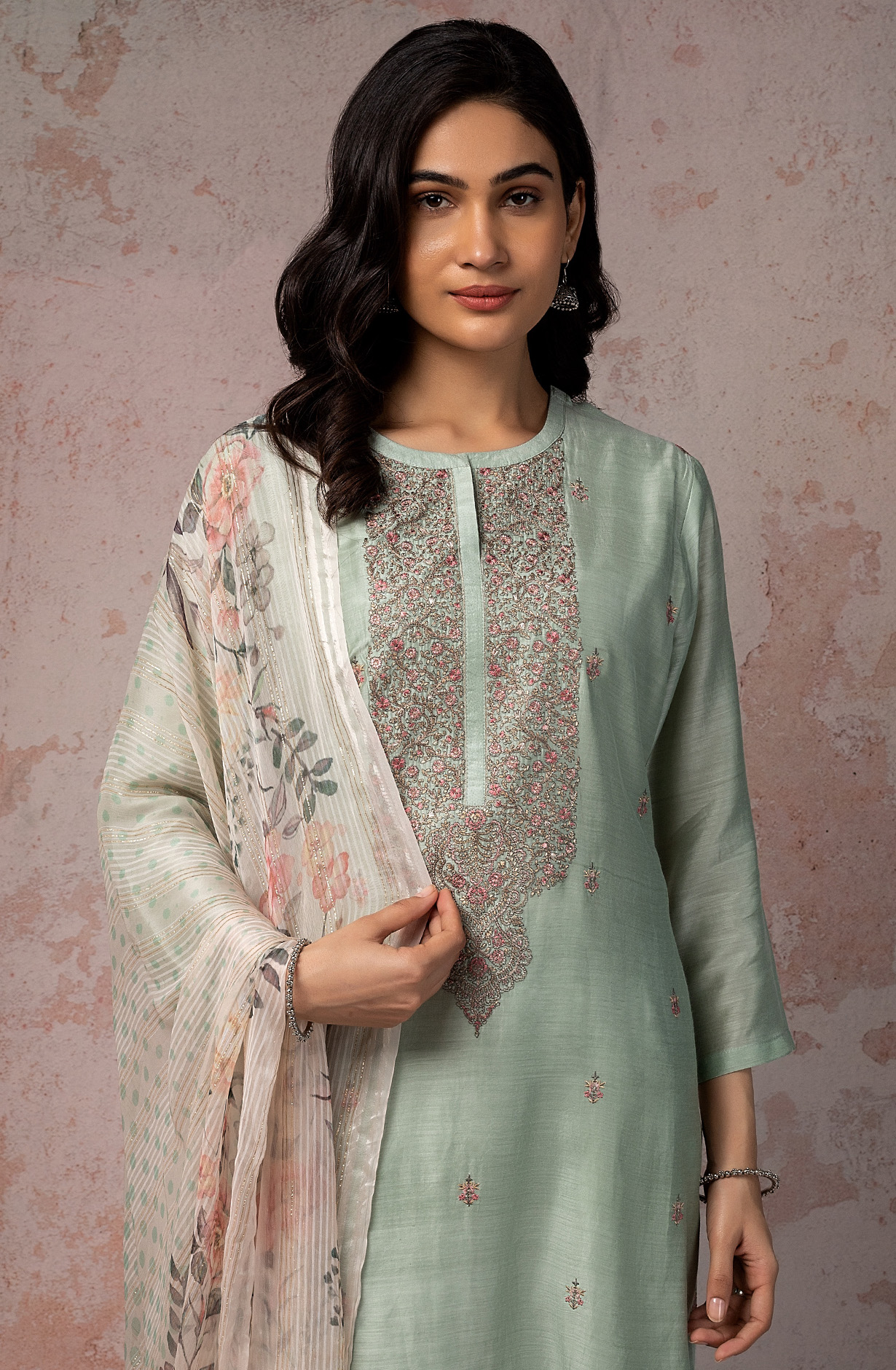 Sea Green Beautiful Muslin Salwar Suit with Chiffon Dupatta - NIS1891B
