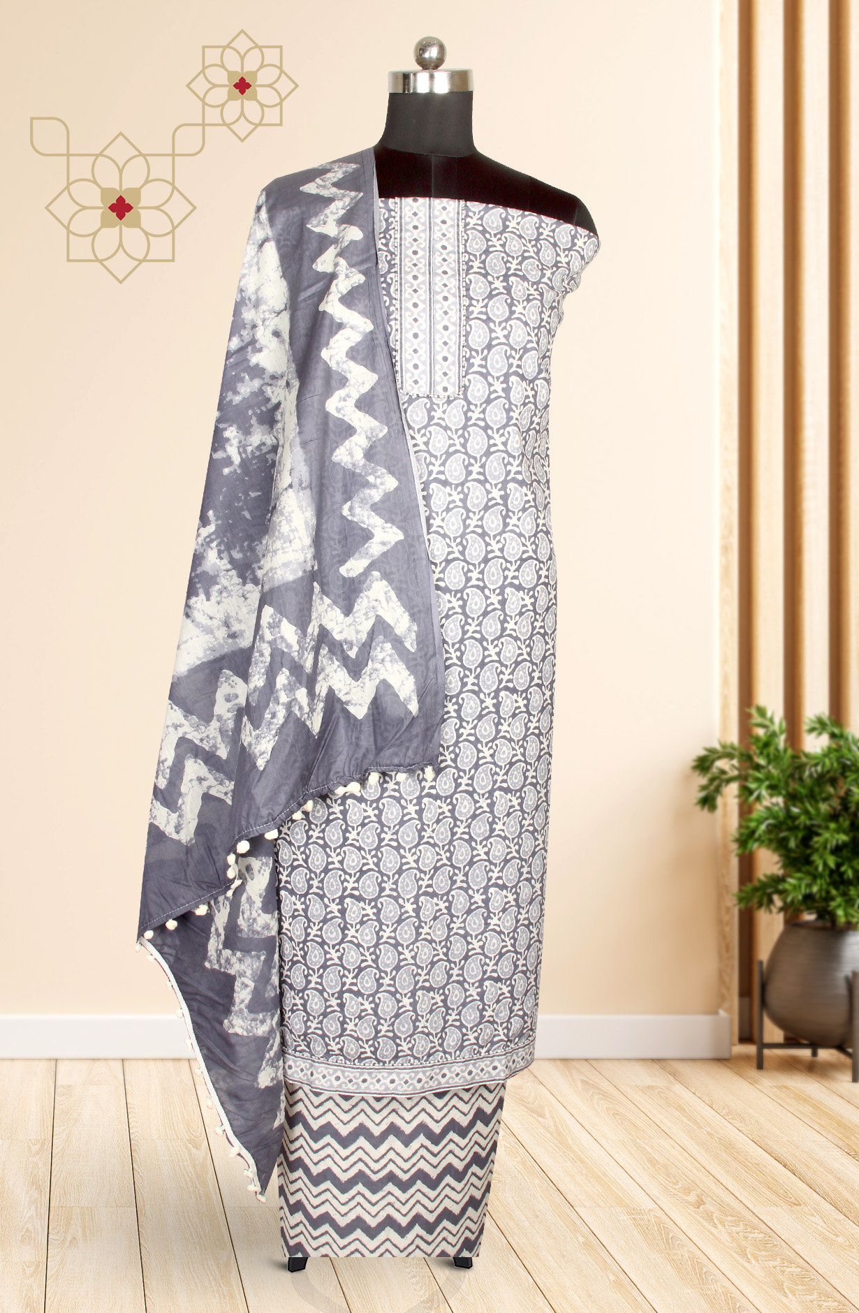 Grey Cotton Print Salwar Kameez - 657-1020069