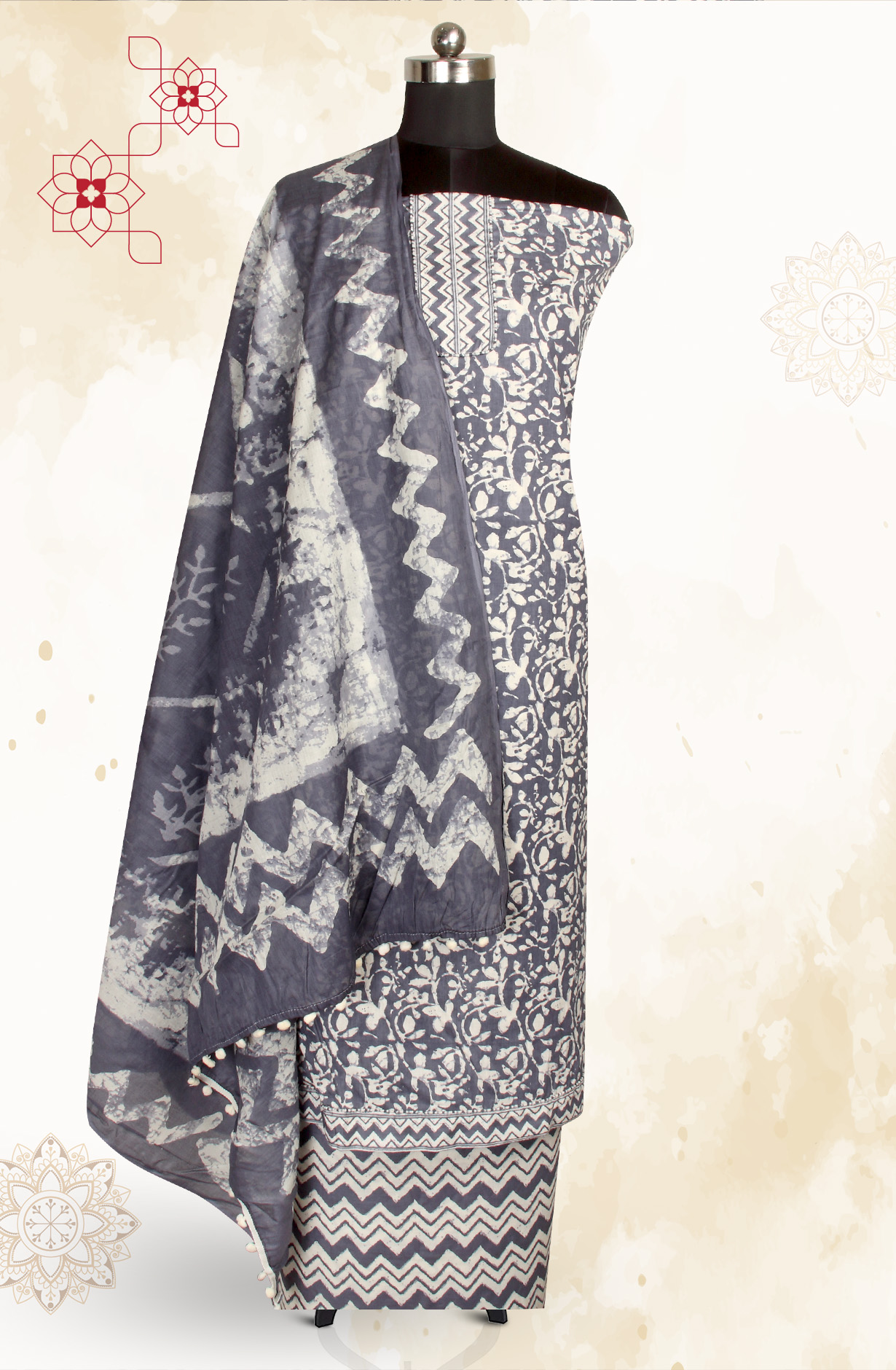 Grey Cotton Printed Salwar Kameez - 657-1020072