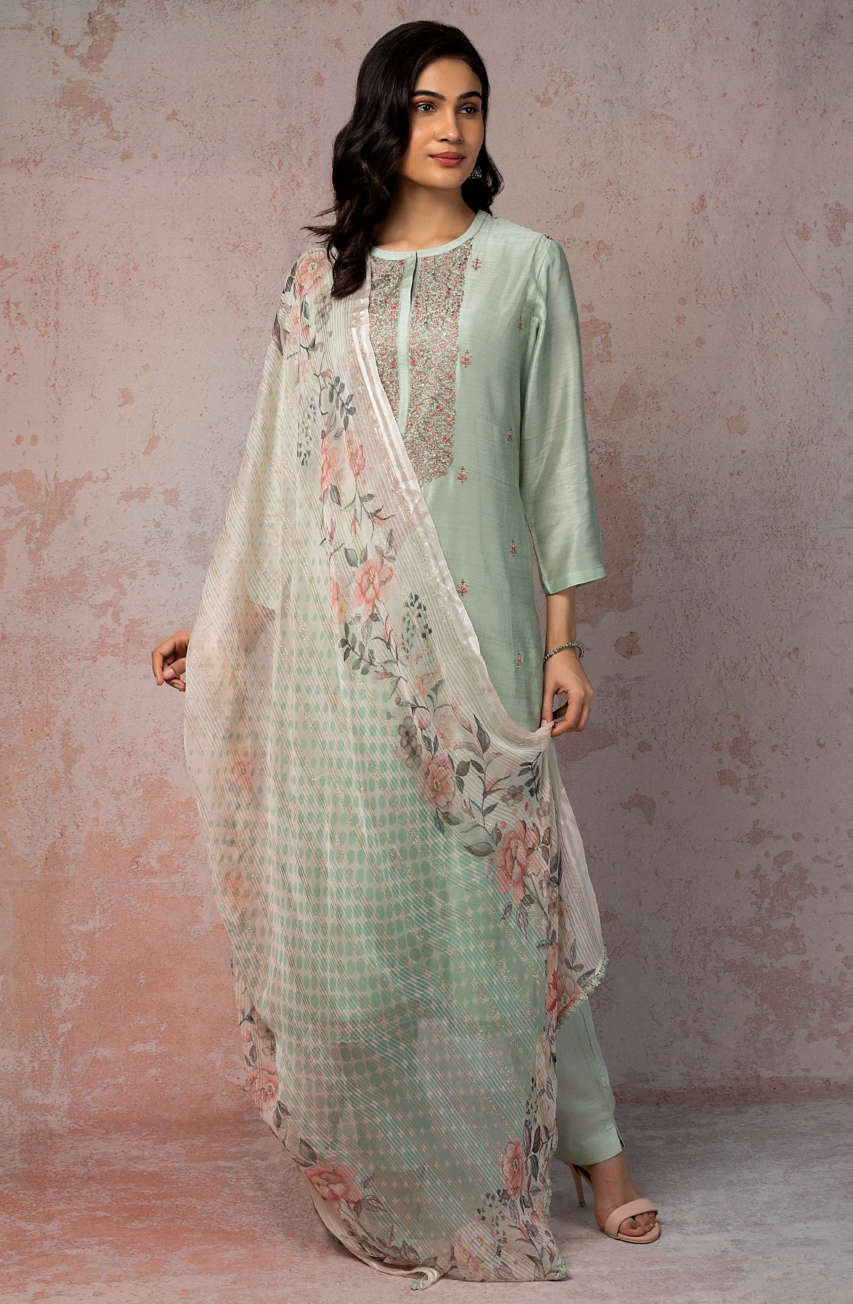 Sea Green Beautiful Muslin Salwar Suit with Chiffon Dupatta - NIS1891B