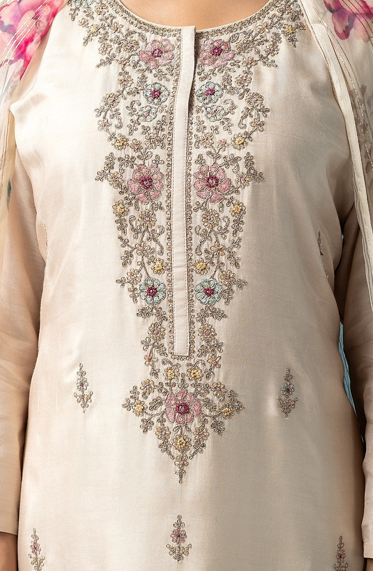 Beige Designer Muslin Salwar Suit with Chiffon Dupatta - R157-SPR1483