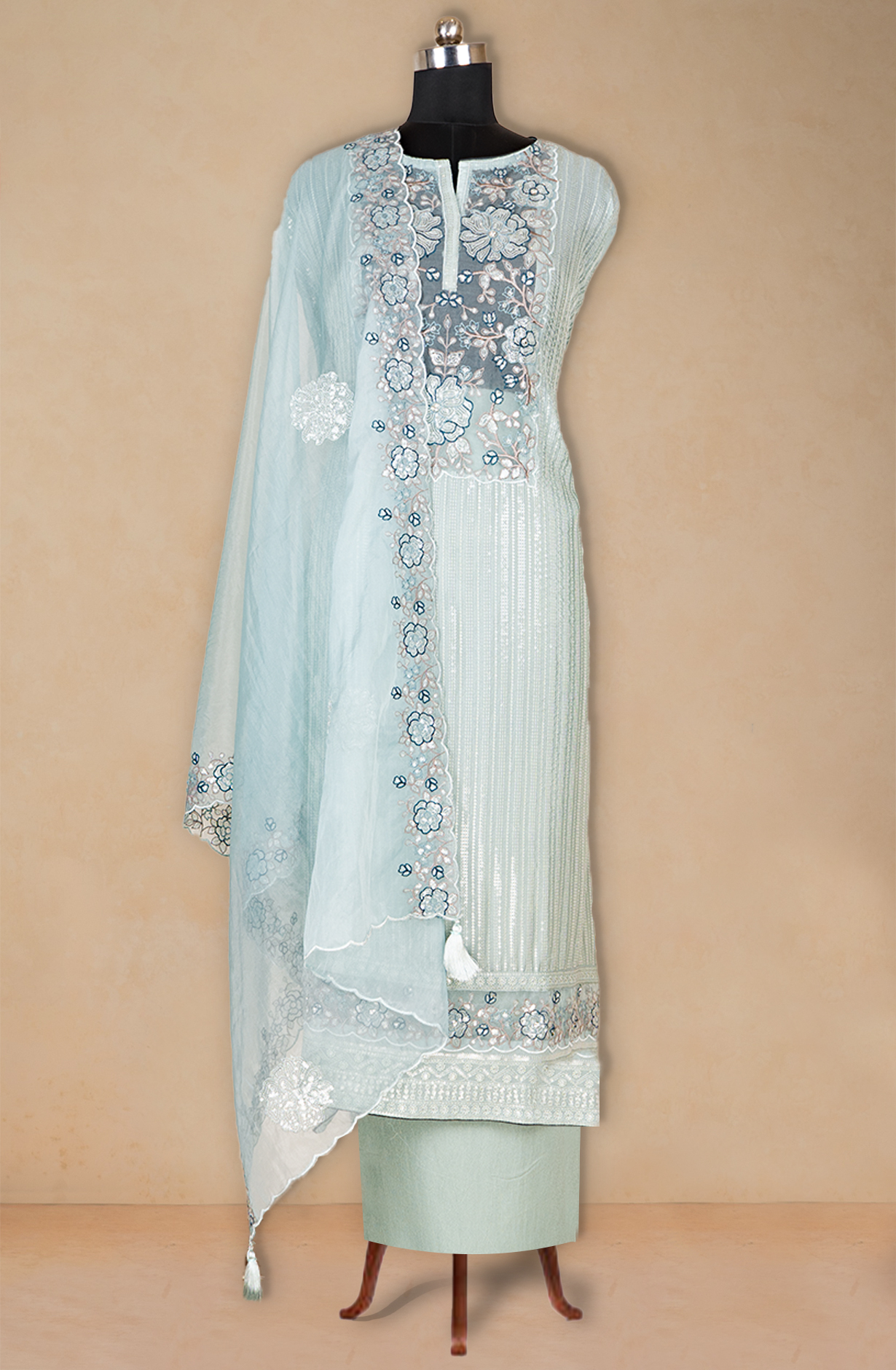 Sea Green Chiffon Sequence Beautiful Suit Set with Dupatta - 669-16437A