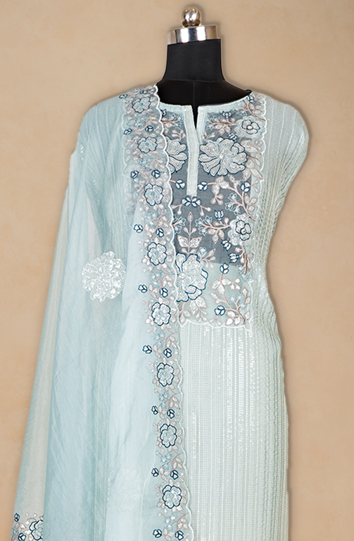 Sea Green Chiffon Sequence Beautiful Suit Set with Dupatta - 669-16437A