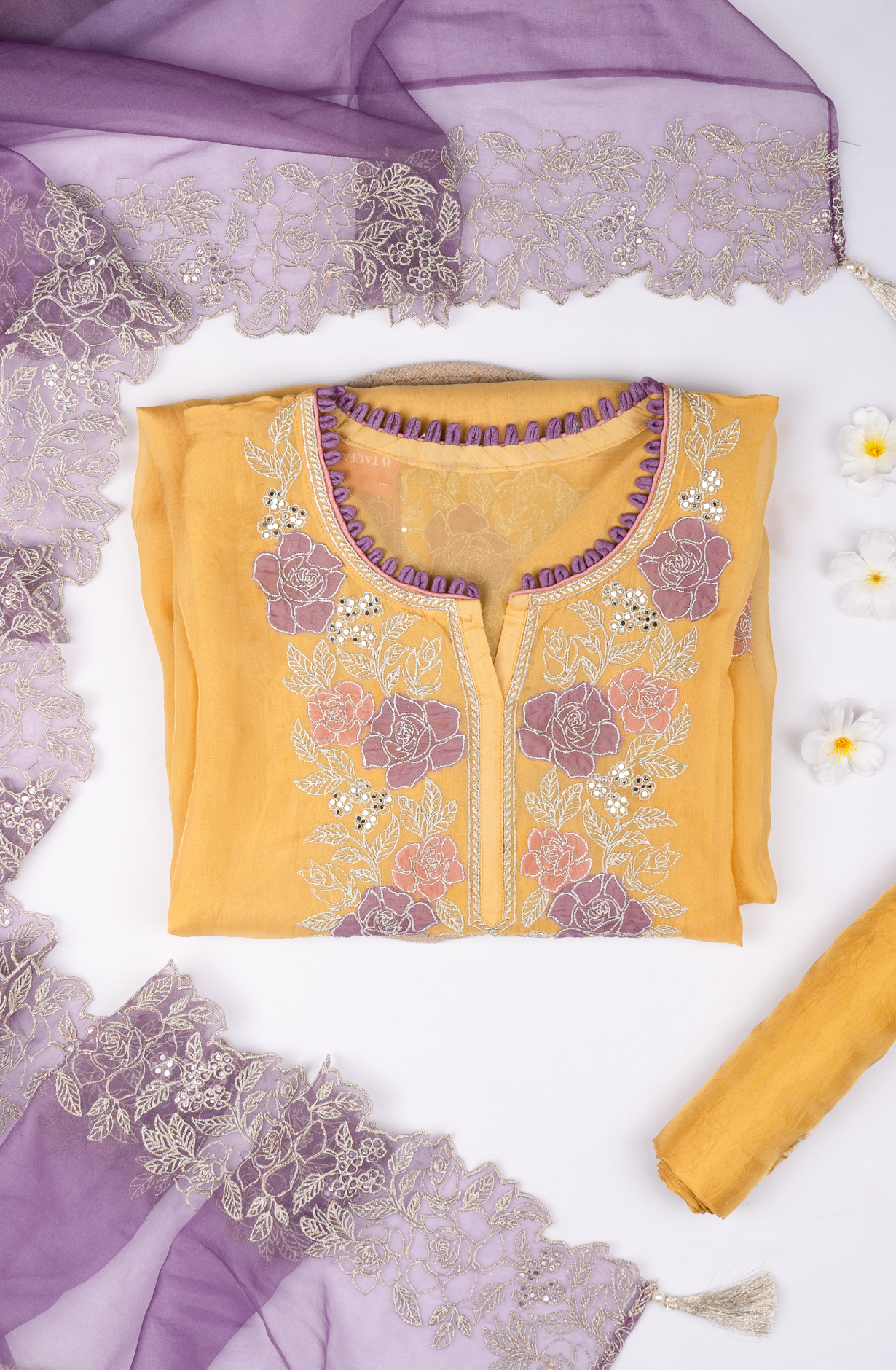 Yellow Organza Beautiful Suit Set with Purple Dupatta - 669-17755A