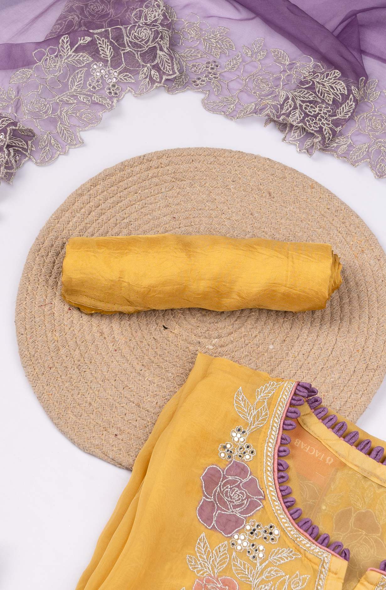 Yellow Organza Beautiful Suit Set with Purple Dupatta - 669-17755A