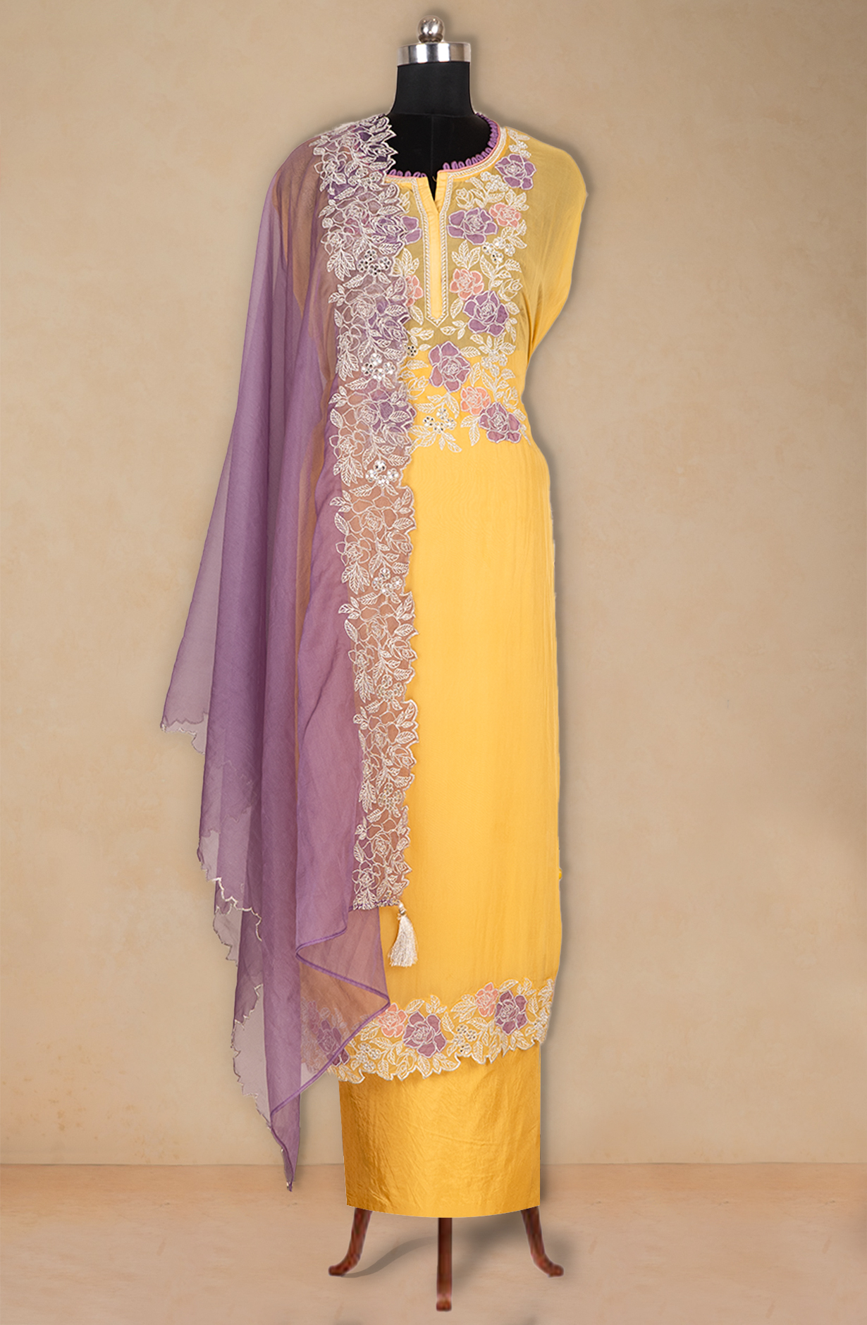 Yellow Organza Beautiful Suit Set with Purple Dupatta - 669-17755A