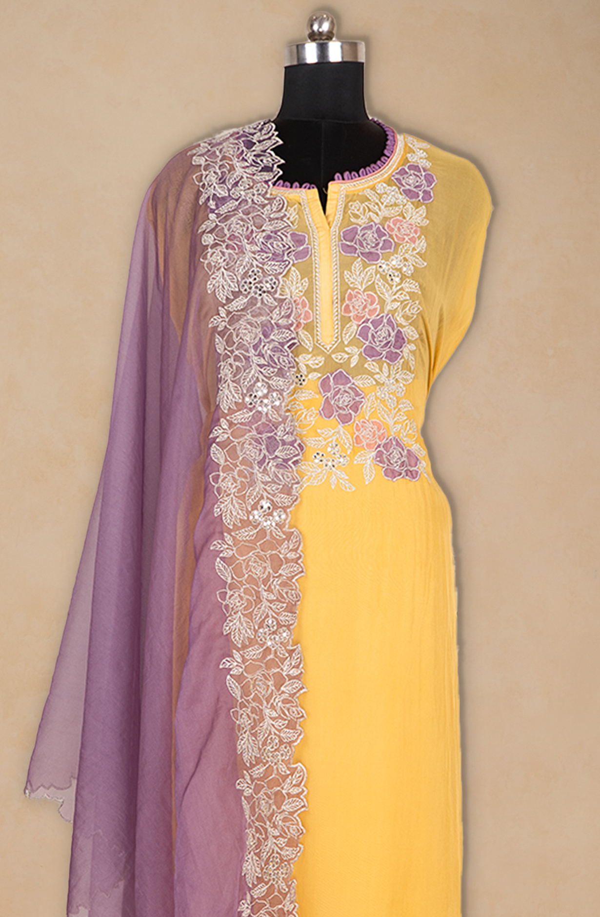 Yellow Organza Beautiful Suit Set with Purple Dupatta - 669-17755A