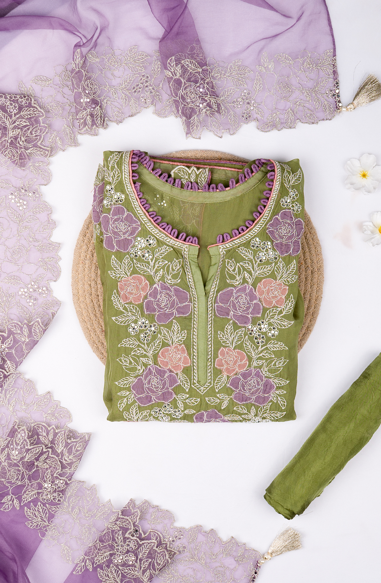 Green Organza Beautiful Suit Set with Purple Dupatta - 669-17755B