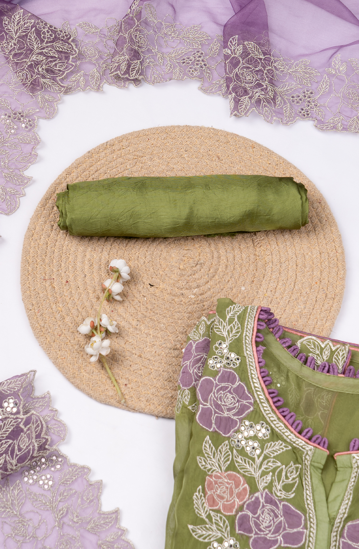 Green Organza Beautiful Suit Set with Purple Dupatta - 669-17755B