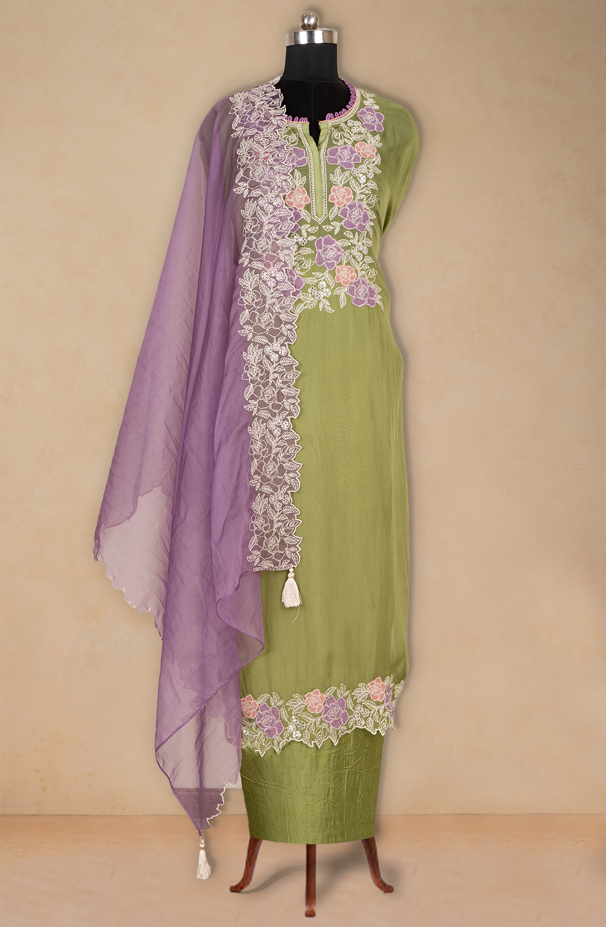 Green Organza Beautiful Suit Set with Purple Dupatta - 669-17755B