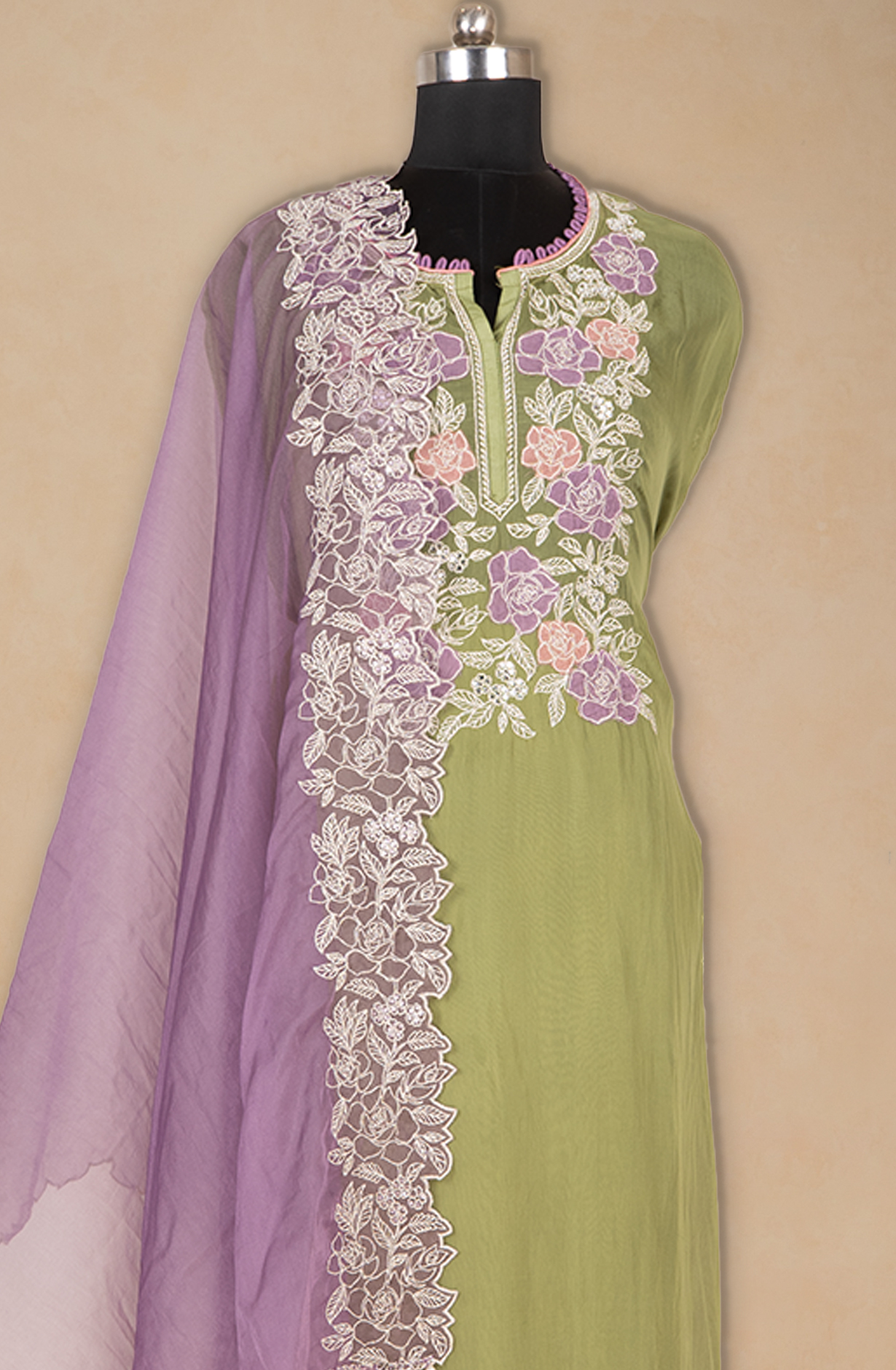 Green Organza Beautiful Suit Set with Purple Dupatta - 669-17755B