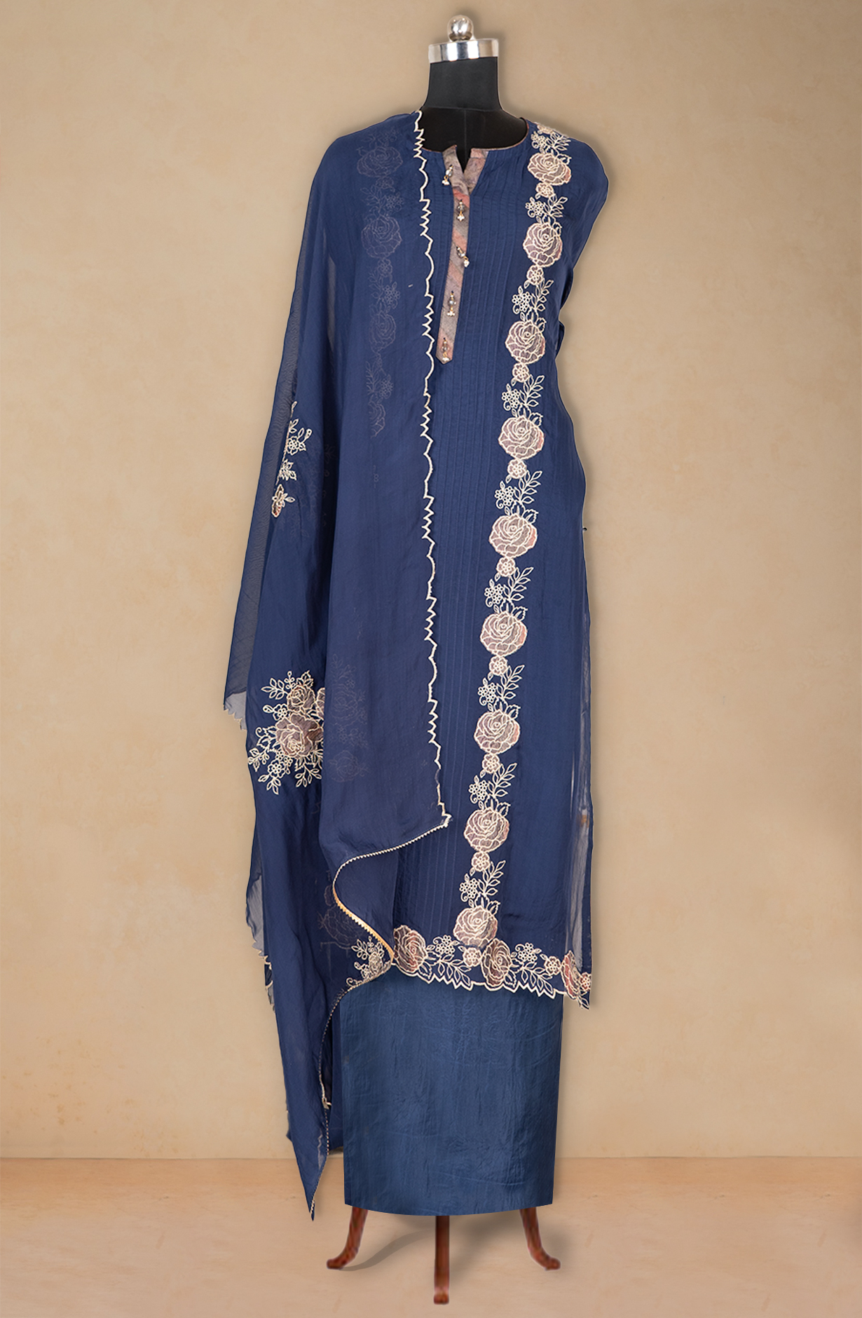 Blue Organza Beautiful Patchwork Suit with Dupatta - 669-17898