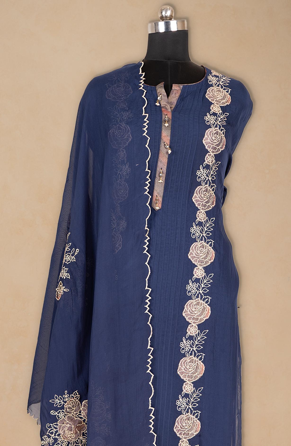 Blue Organza Beautiful Patchwork Suit with Dupatta - 669-17898