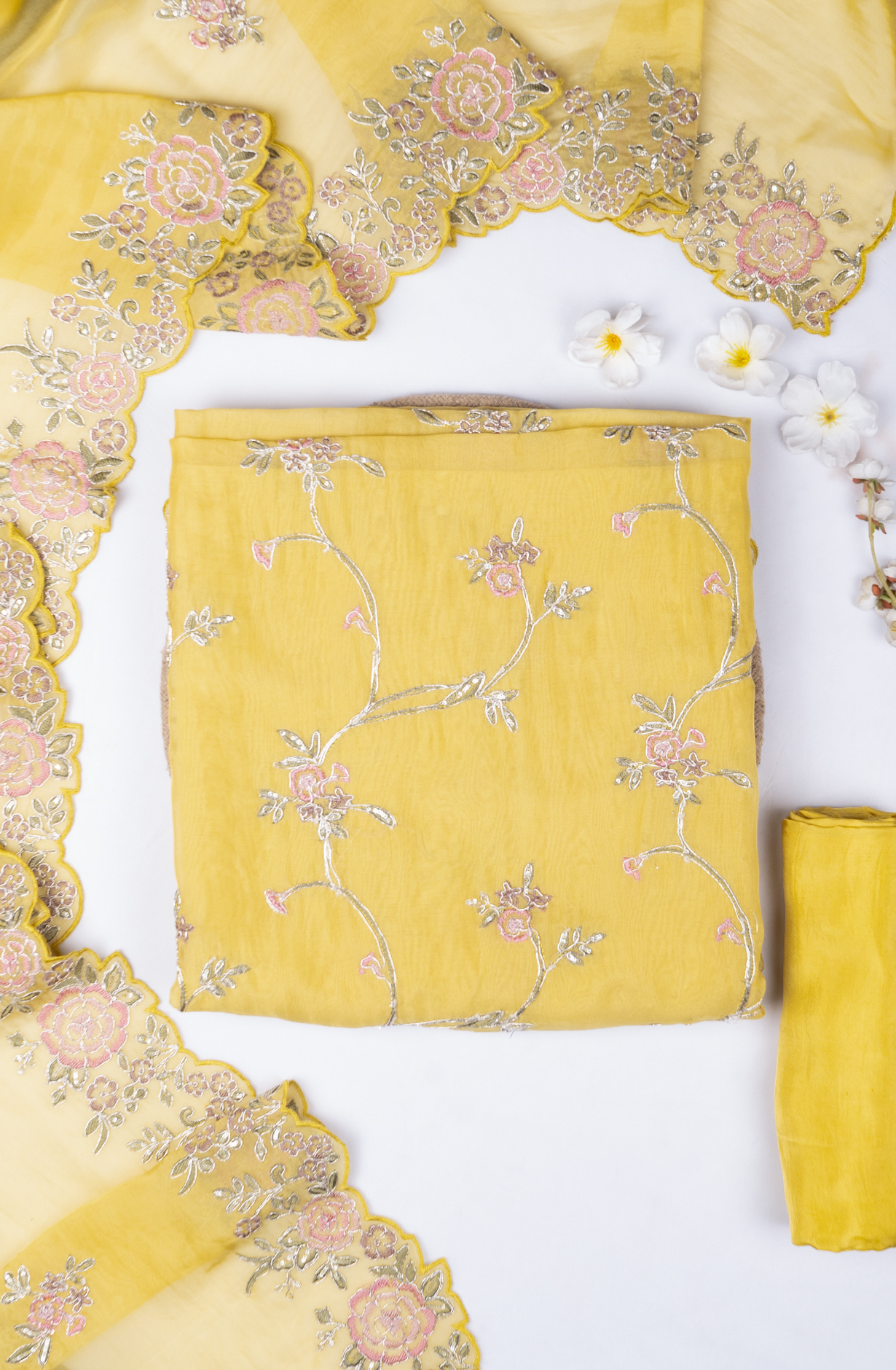 Yellow Organza Beautiful Thread Work Suit with Dupatta - 669-18916A