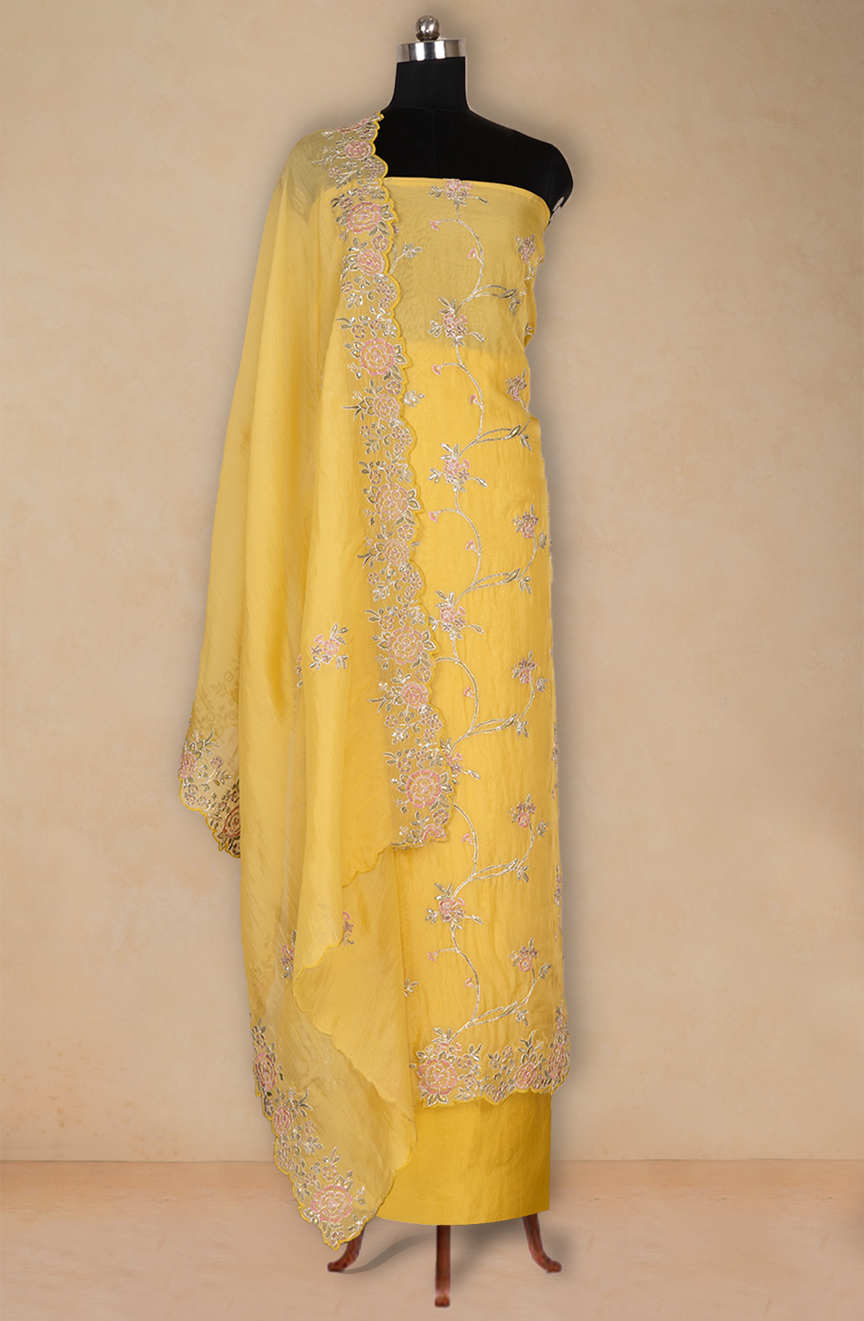 Yellow Organza Beautiful Thread Work Suit with Dupatta - 669-18916A