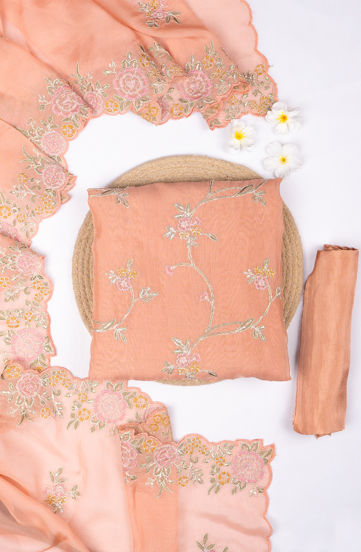 Peach Organza Beautiful Thread Work Suit with Dupatta - 669-18916B