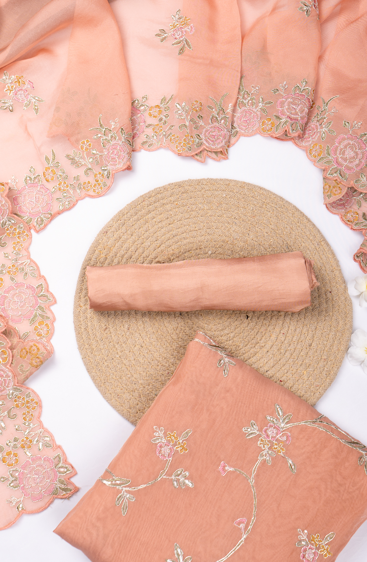 Peach Organza Beautiful Thread Work Suit with Dupatta - 669-18916B