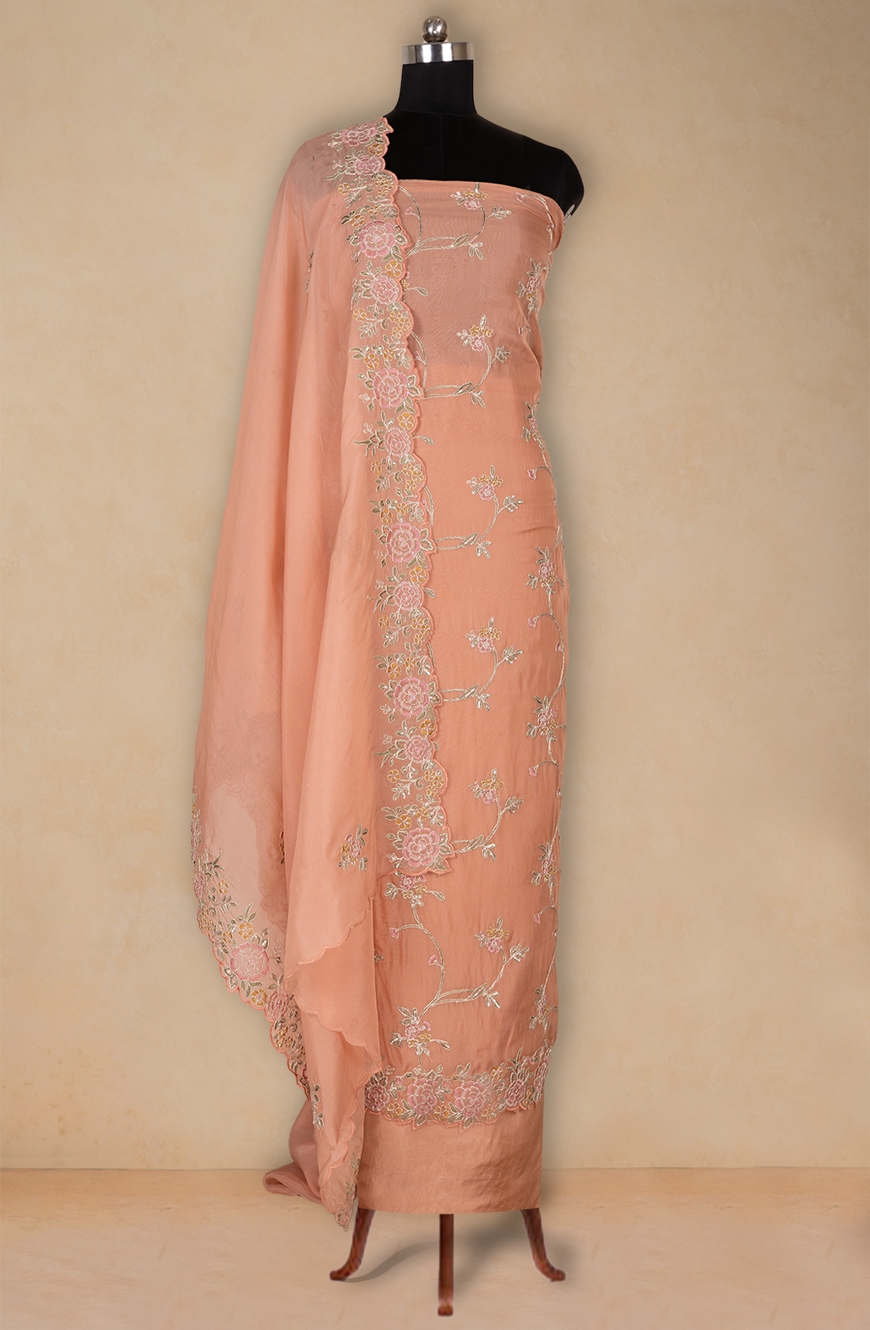 Peach Organza Beautiful Thread Work Suit with Dupatta - 669-18916B