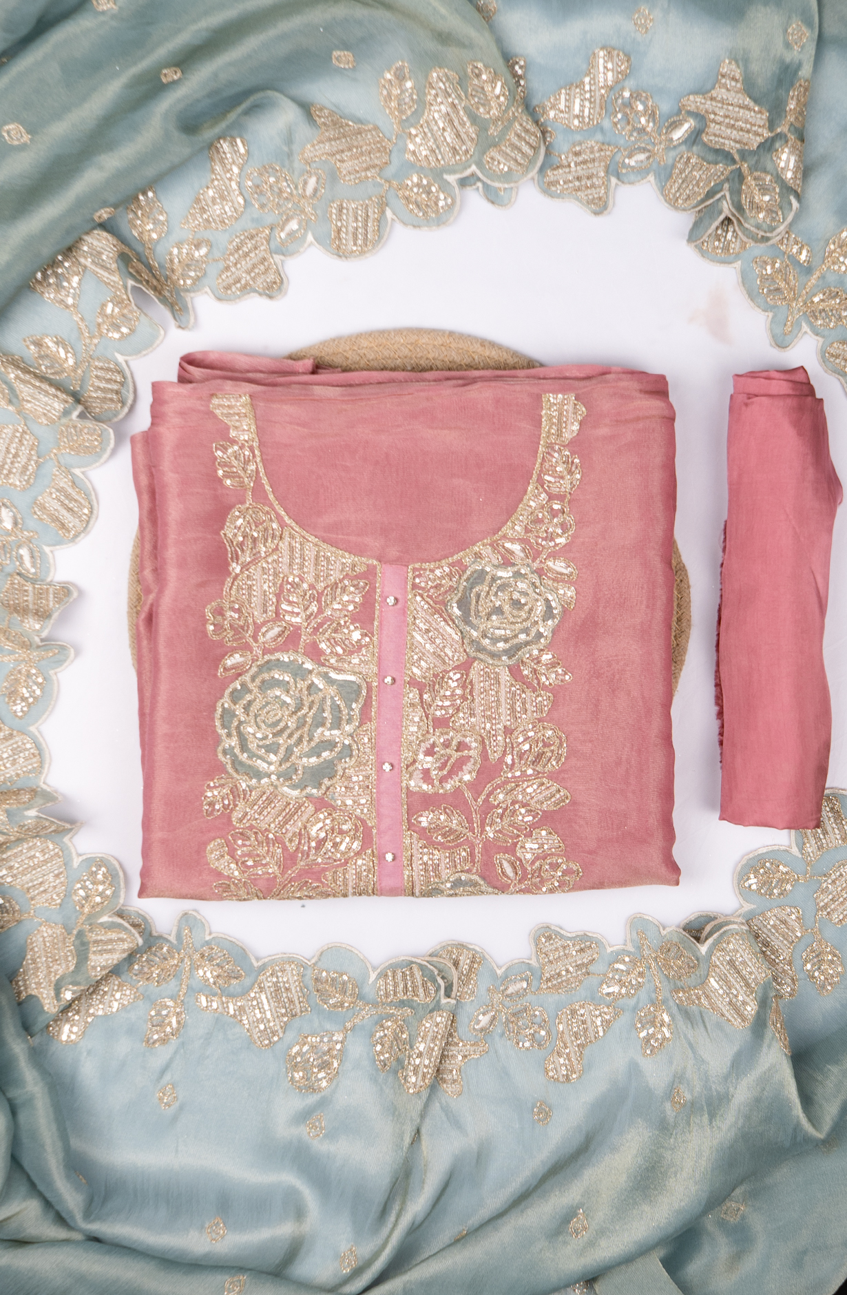 Pink Organza Beautiful Thread Work Suit with Dupatta - 669-18940A