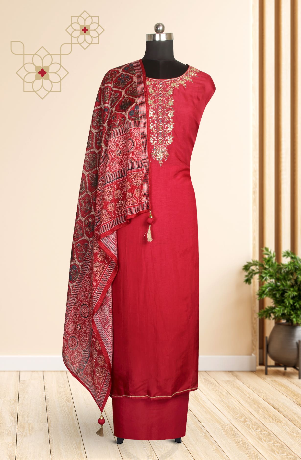 Maroon Silk Unstitched Salwar Kameez Suit-set - 673-1656