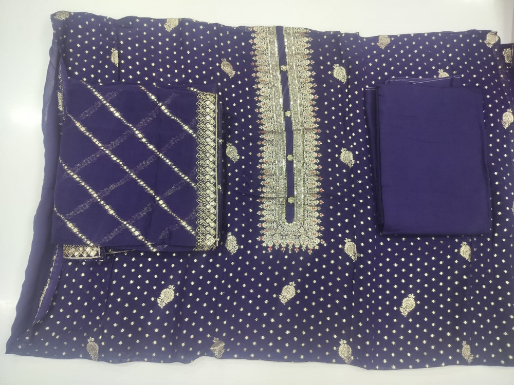 Image of Blue Silk Unstitch suit set with Dupatta - 673-3886