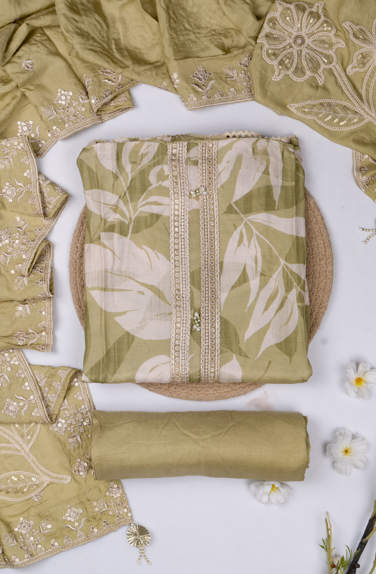 Green Muslin Printed Suit- Set with Muslin Dupatta - 678-8051A