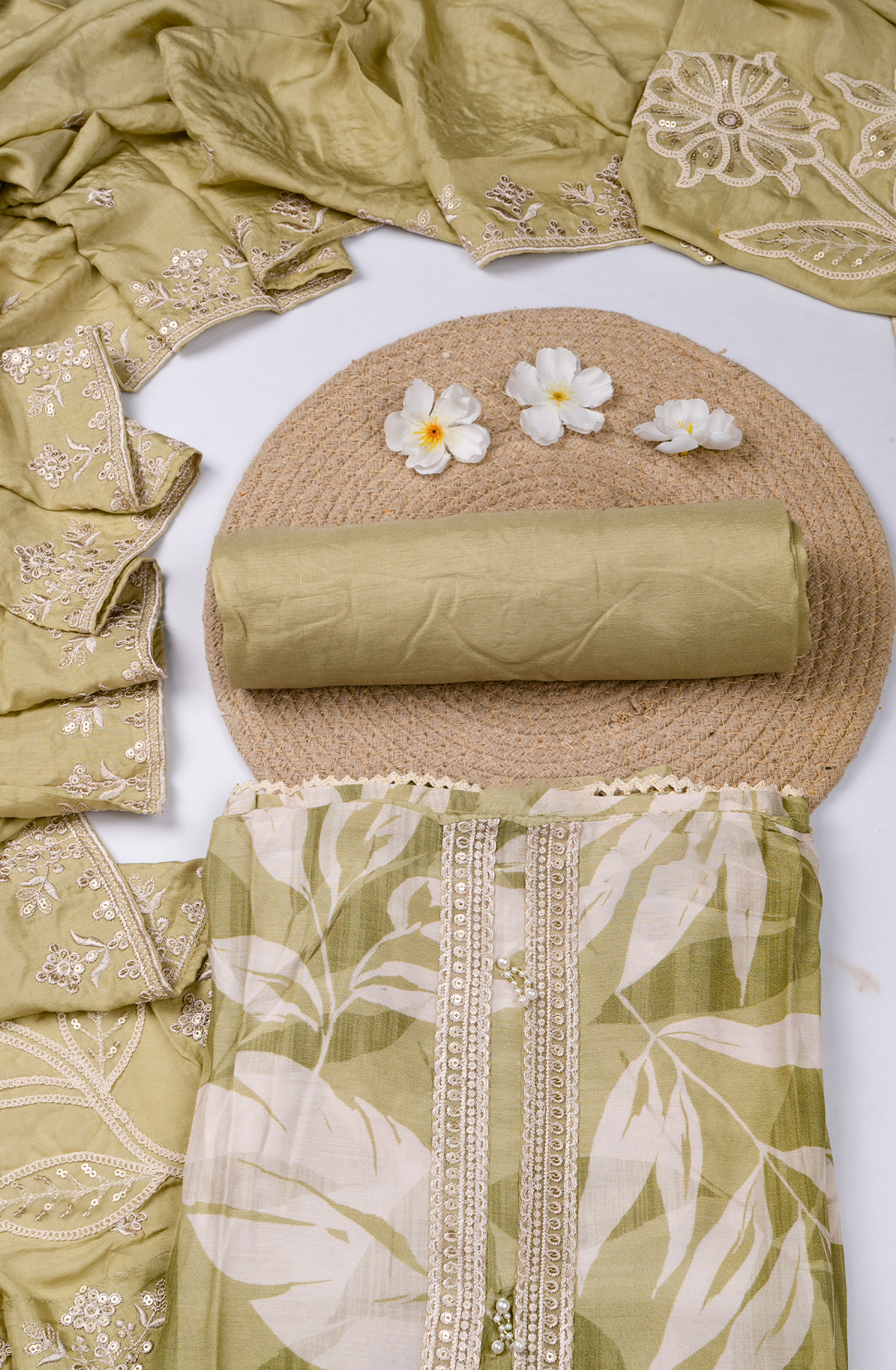 Green Muslin Printed Suit- Set with Muslin Dupatta - 678-8051A