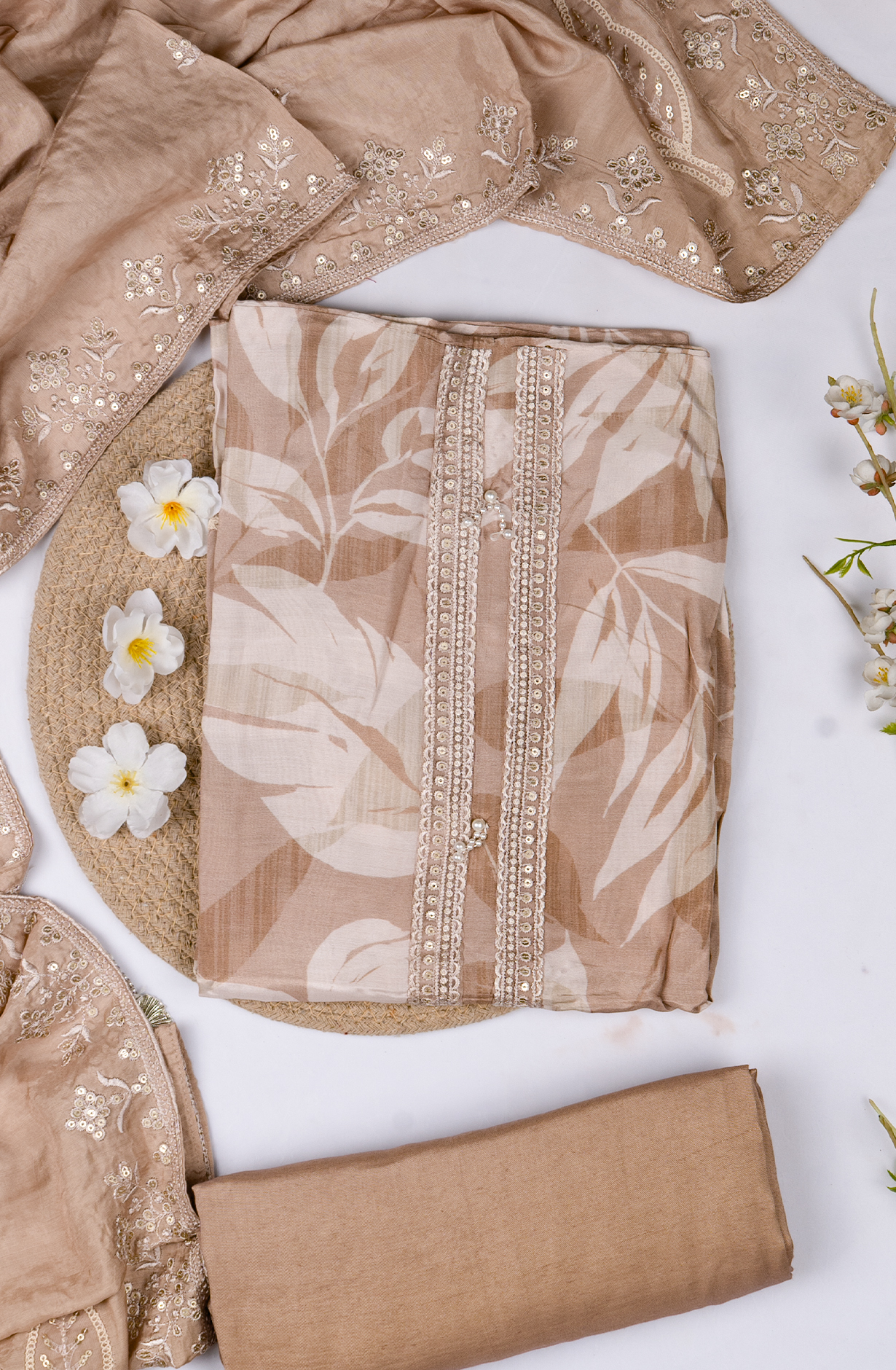 Fawn Muslin Printed Suit- Set with Muslin Dupatta - 678-8051B