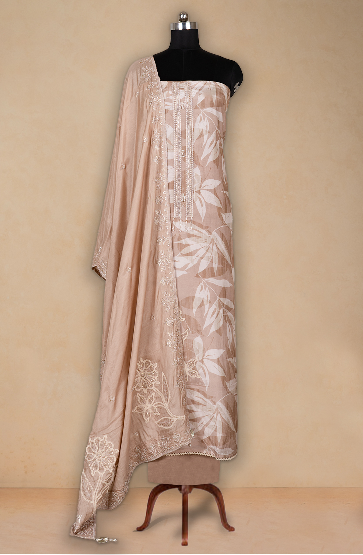 Fawn Muslin Printed Suit- Set with Muslin Dupatta - 678-8051B