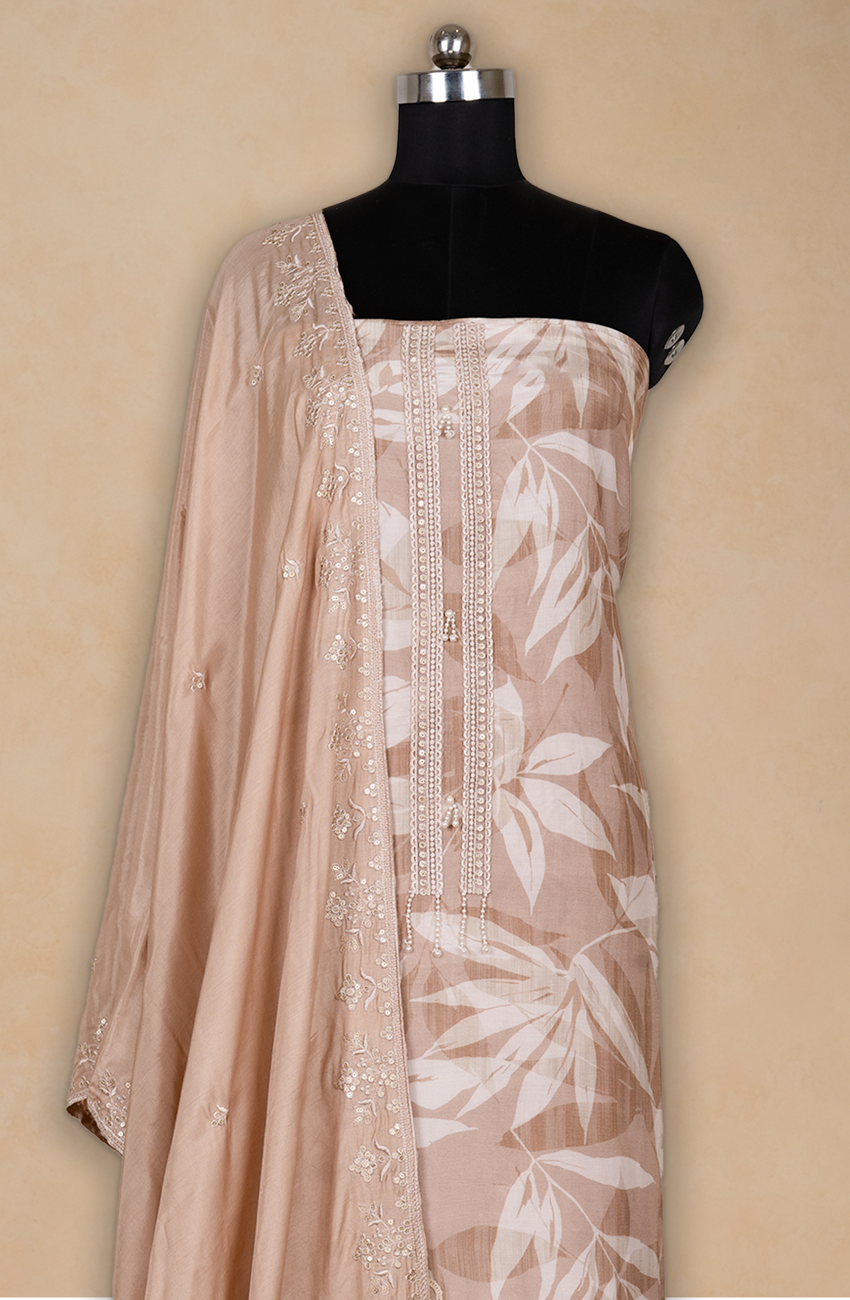 Fawn Muslin Printed Suit- Set with Muslin Dupatta - 678-8051B