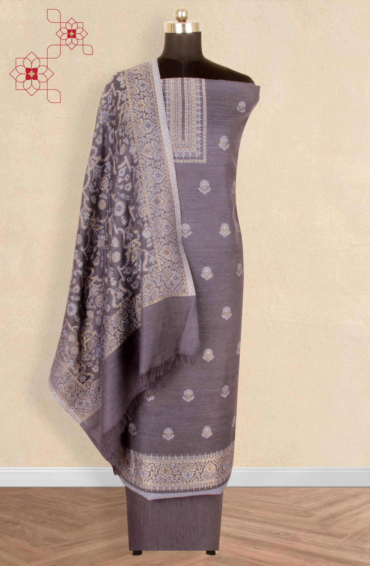 Black Pure Pashmina Unstitched Salwar Kameez with Stole Dupatta - PAS2028A