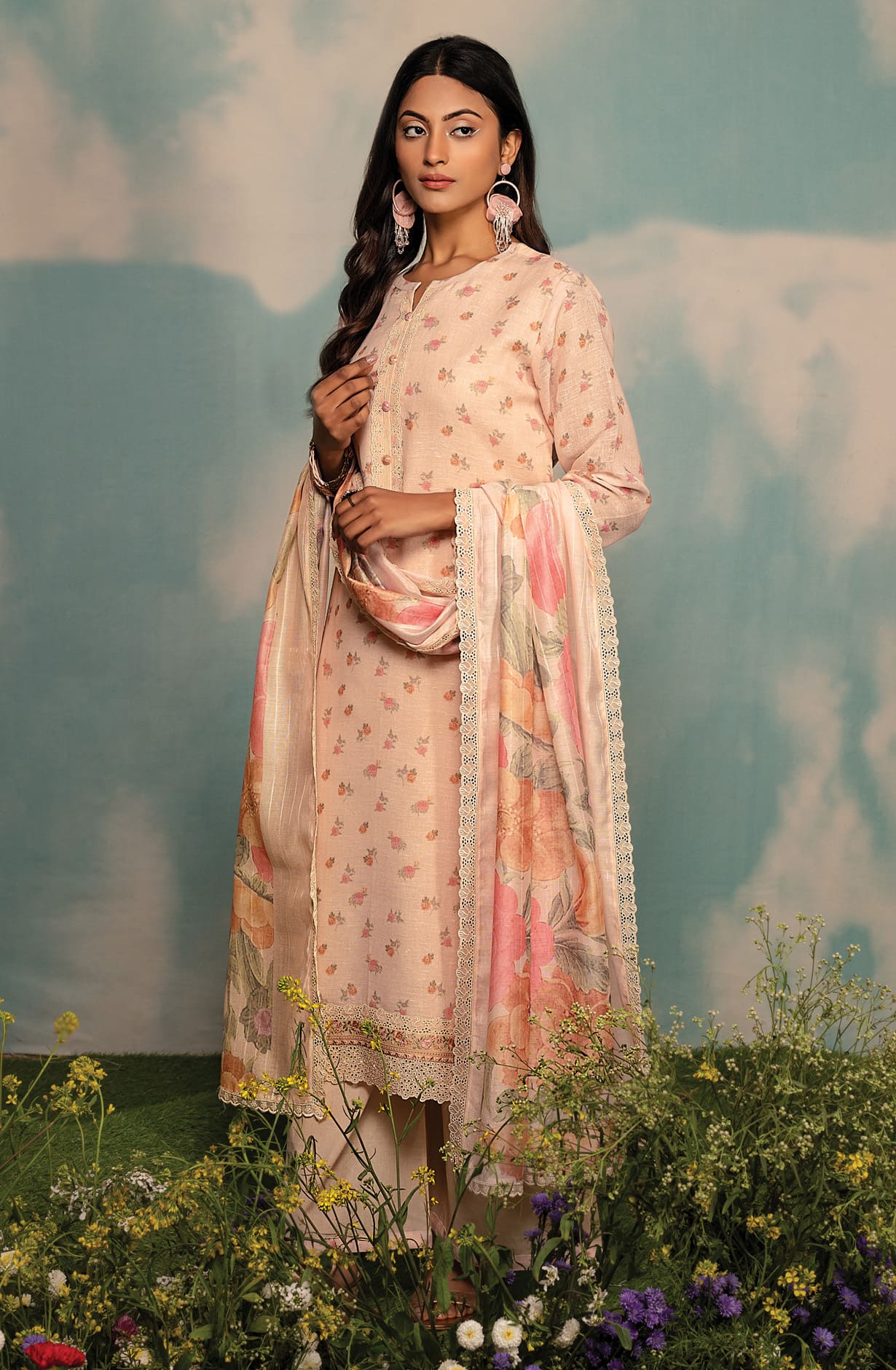 Peach Linen Exclusive Digital Printed with Embroidered Salwar Suit- DAI1732