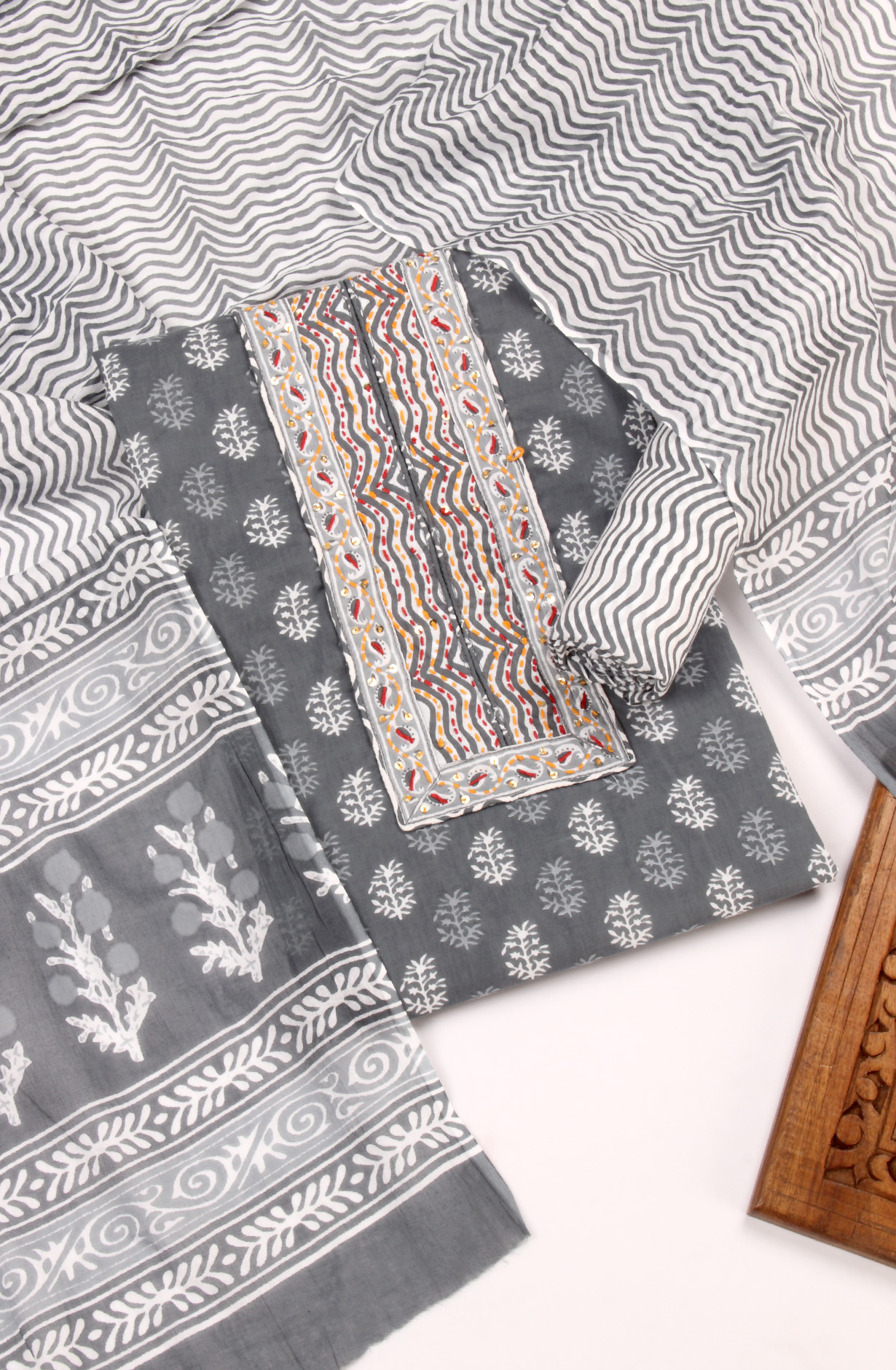 Grey Cotton Printed Salwar Kameez with Dupatta - PFSCOT1213-5A