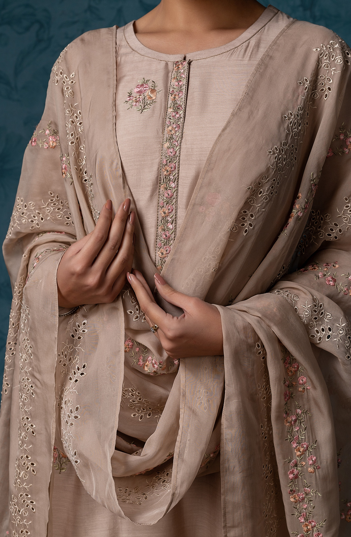 Beige Beautiful Muslin Embroidered Salwar Kameez with Organza Dupatta - GAR1870A