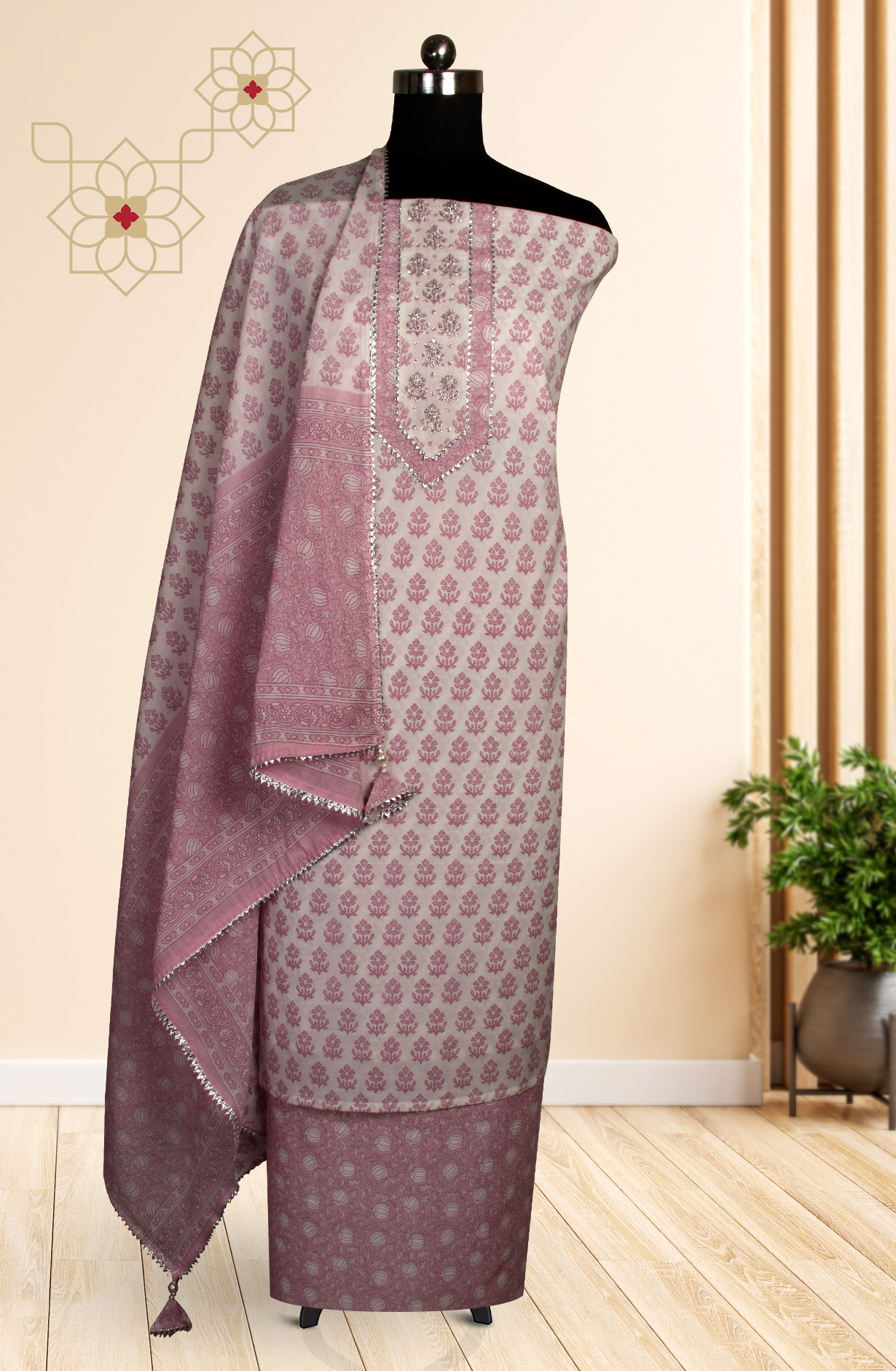 Off-white and Lavender Cotton Printed Salwar Suit with Dupatta - 693-AAJ1292