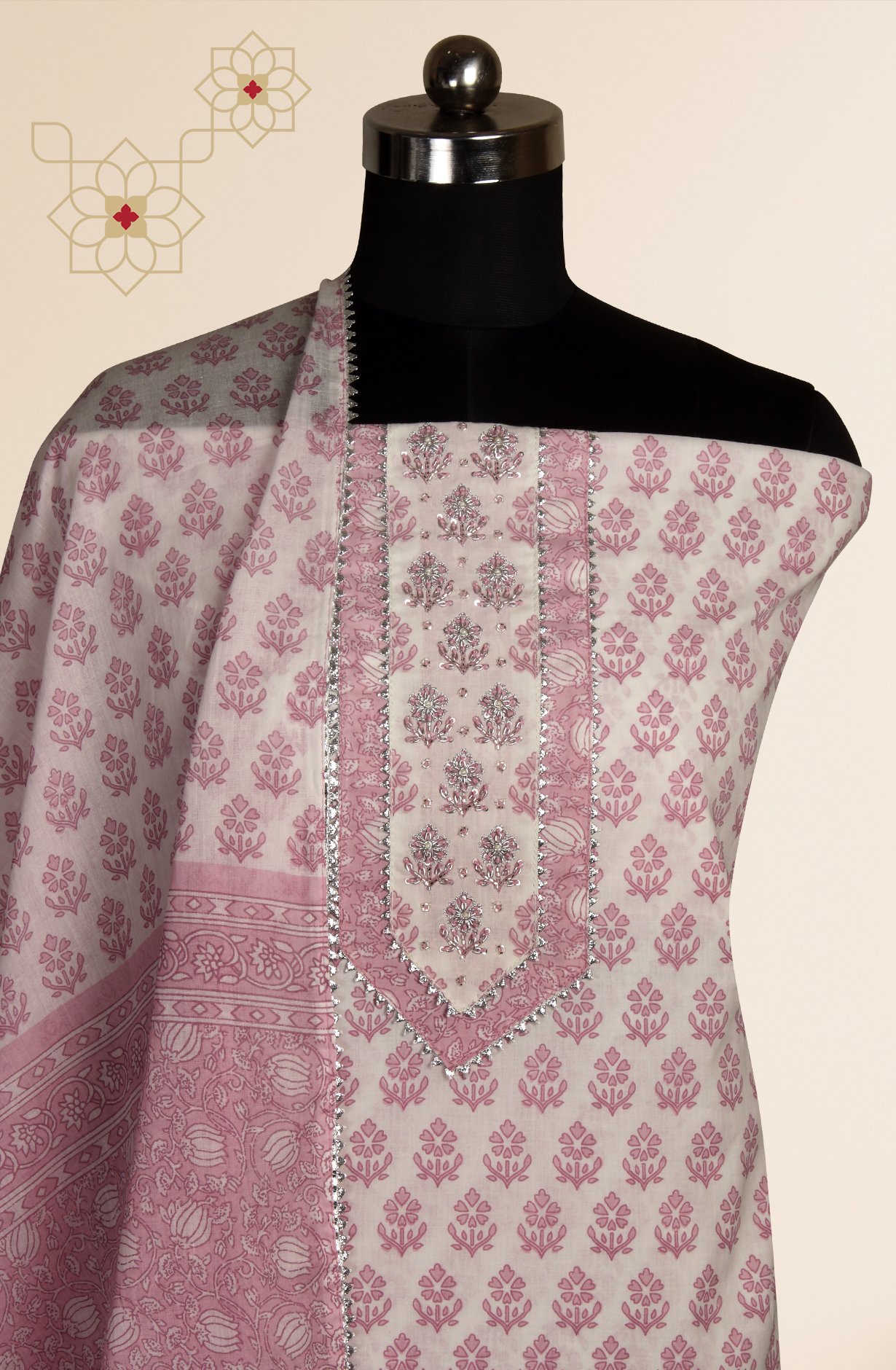 Off-white and Lavender Cotton Printed Salwar Suit with Dupatta - 693-AAJ1292