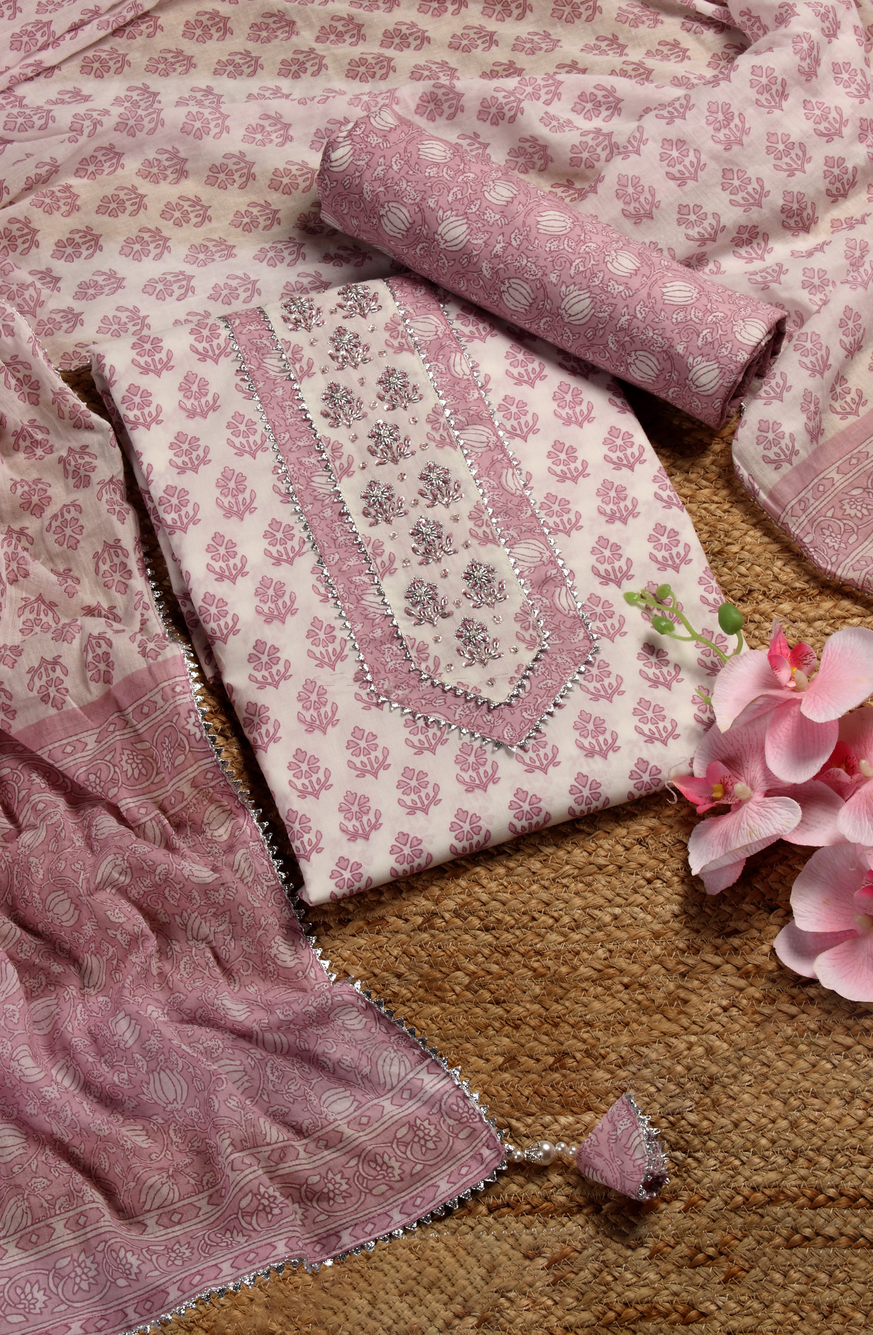 Off-white and Lavender Cotton Printed Salwar Suit with Dupatta - 693-AAJ1292