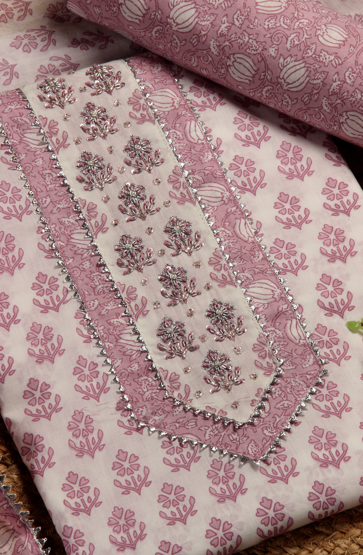 Off-white and Lavender Cotton Printed Salwar Suit with Dupatta - 693-AAJ1292