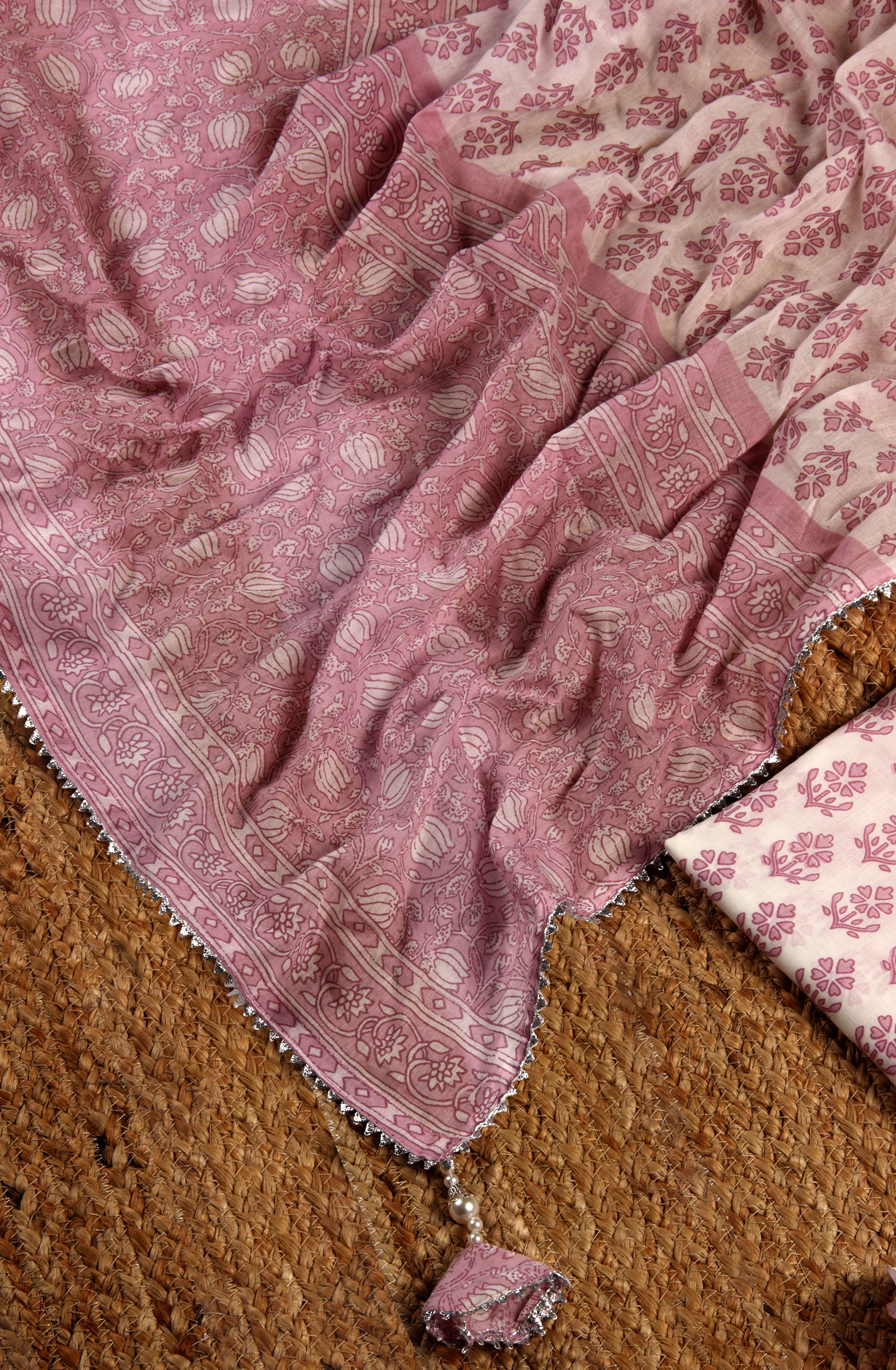 Off-white and Lavender Cotton Printed Salwar Suit with Dupatta - 693-AAJ1292