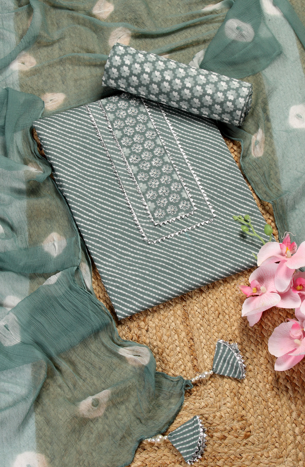 Pastel Green Cotton Printed Unstitched Salwar Suit with Chiffon Dupatta - 693-AAJ1325