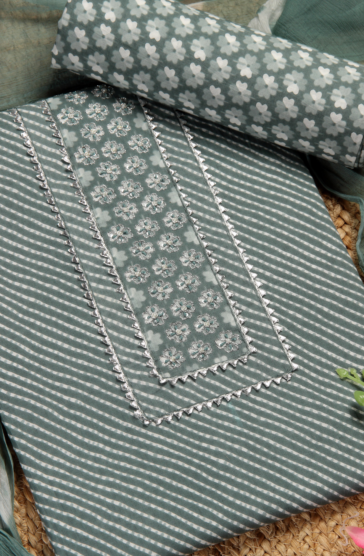 Pastel Green Cotton Printed Unstitched Salwar Suit with Chiffon Dupatta - 693-AAJ1325