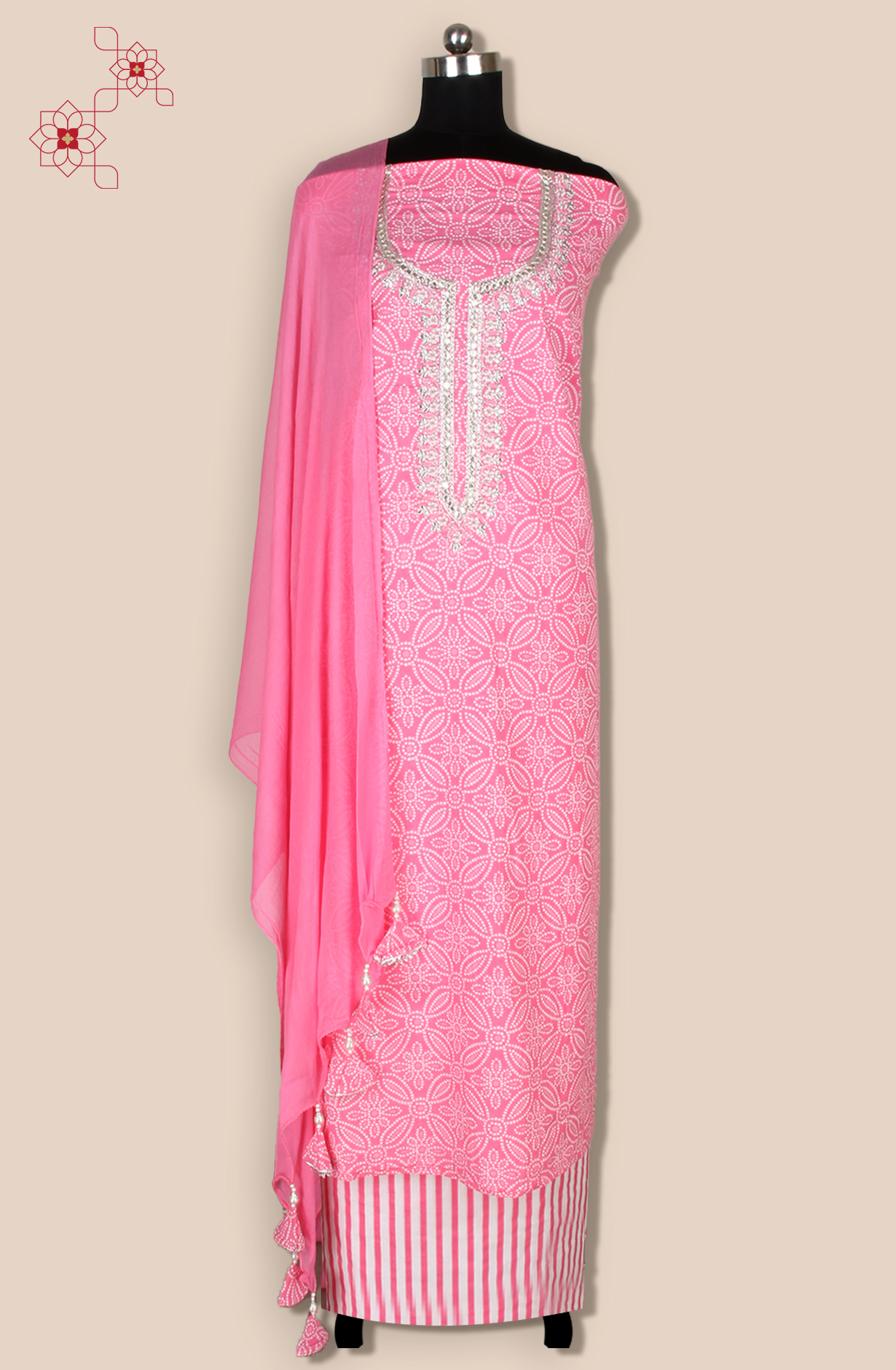 Pink Cotton Unstitched Bandhej Print Suit with Chiffon Dupatta - 693-AAJ1433