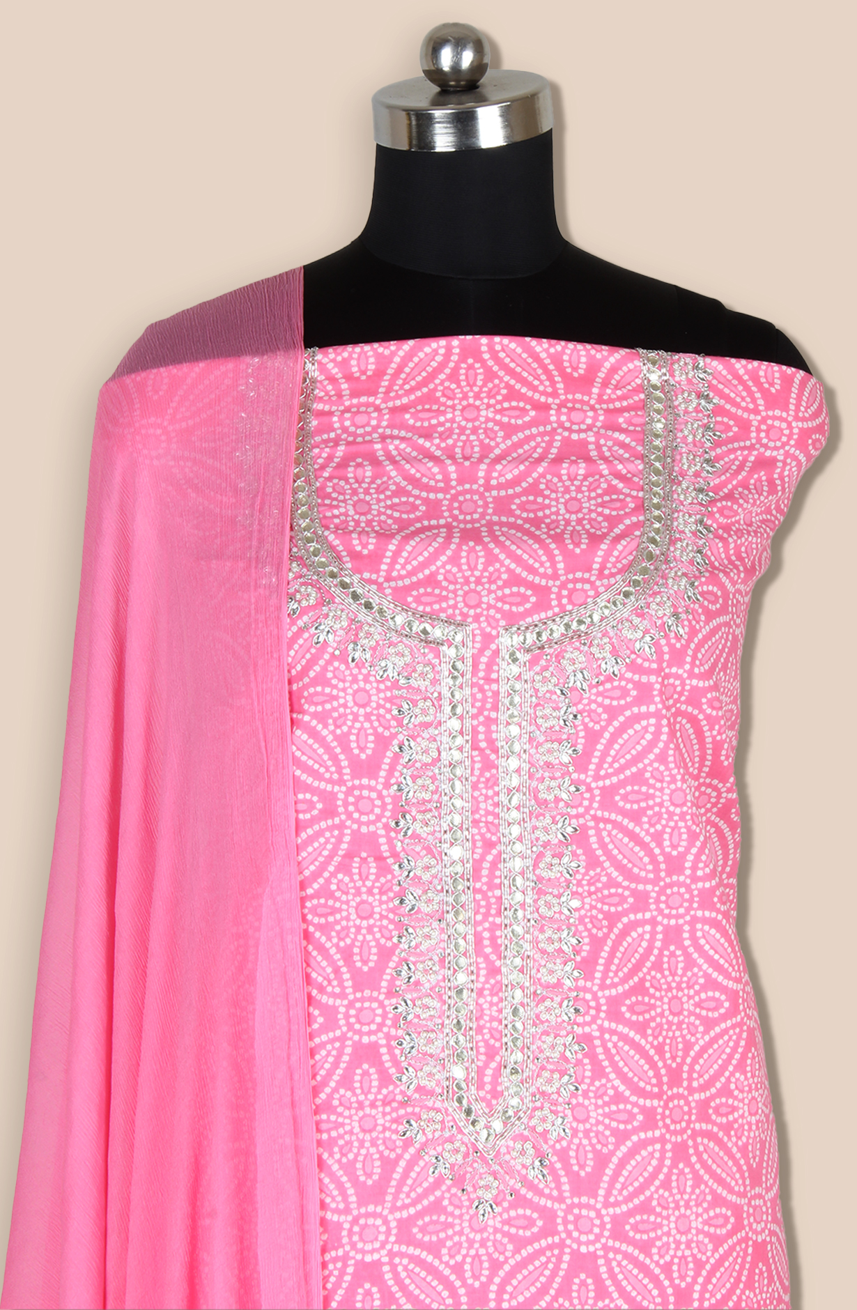 Pink Cotton Unstitched Bandhej Print Suit with Chiffon Dupatta - 693-AAJ1433