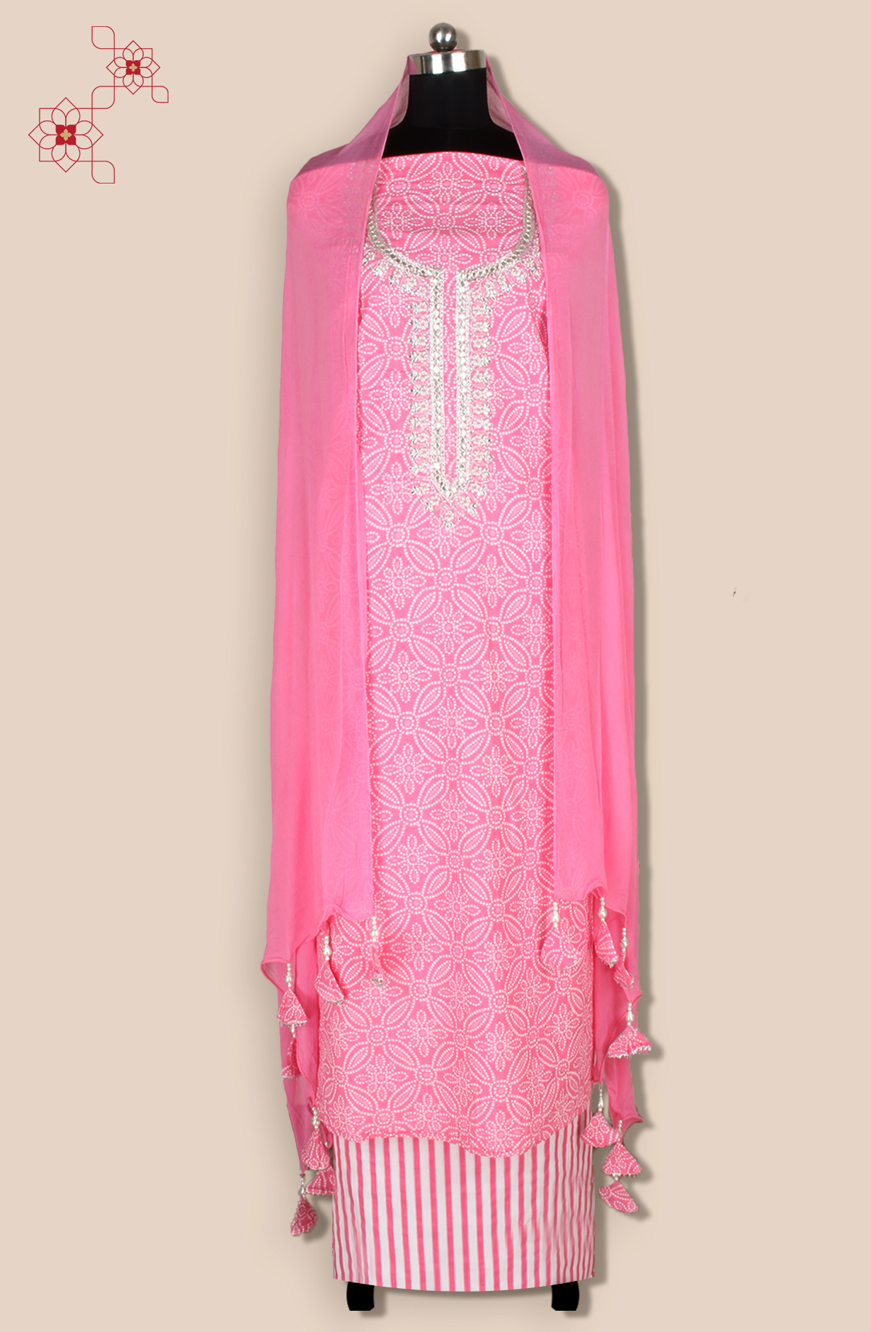 Pink Cotton Unstitched Bandhej Print Suit with Chiffon Dupatta - 693-AAJ1433